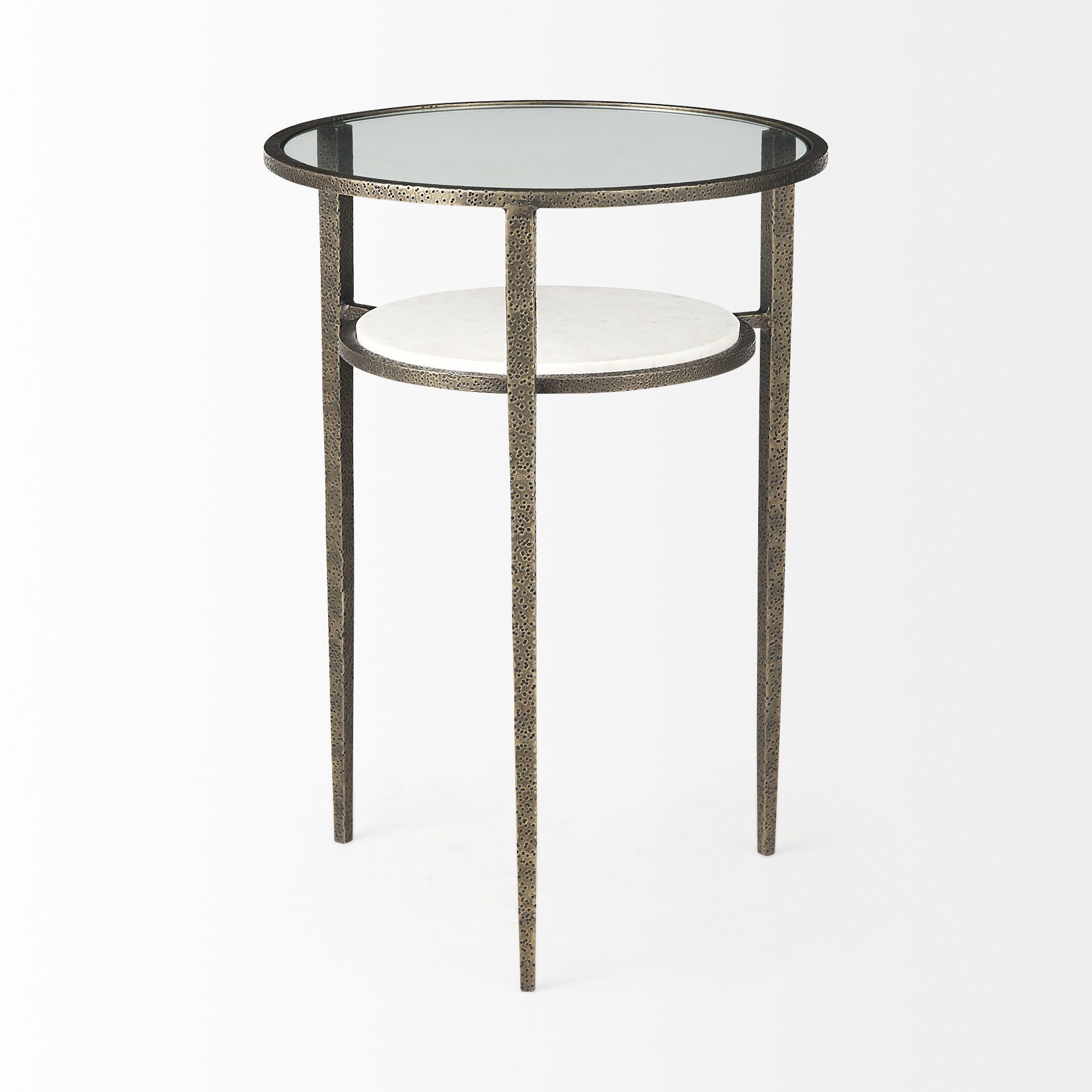 Felicity 15.8L X 15.8W X 22.5H Glass Top with White Marble Shelf and Antique Gold Base End/Side Table, Side & End Table by Mercana, 15.75" length x 15.75" width x 22.5" height View 7