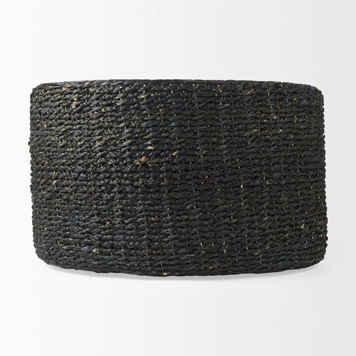 Dina 75L x 75W x 45H Black Cornhusk and Water Hyacinth Round Coffee Table Pouf, Ottoman by Mercana, 29.53" length x 29.53" width x 15.75" height View 2