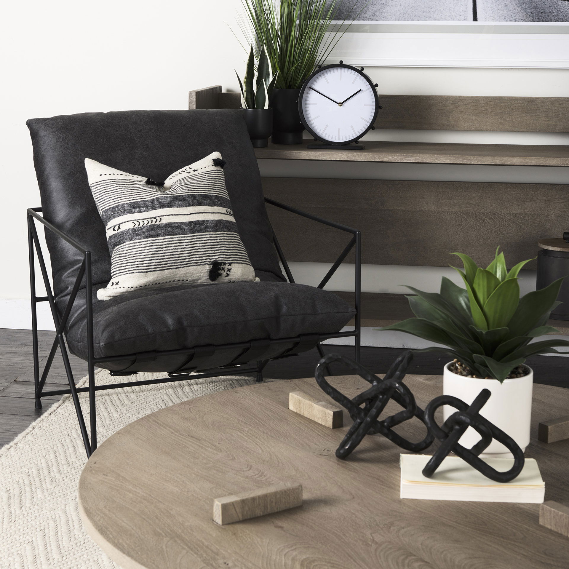 Leonidas 28.5L x 29.5W x 34.0H  Black Faux Leather Seat with Black Metal Frame Accent Chair large image 