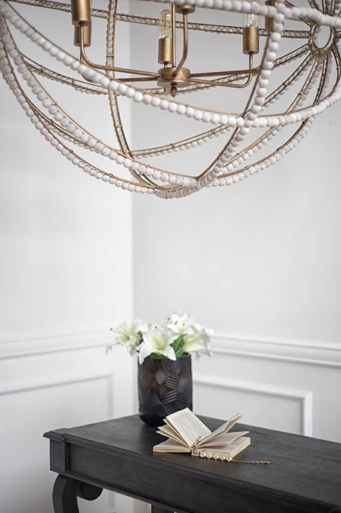 Ava White (34'D) Gold Metal and White Wood Beaded Six Bulb Chandelier, by Mercana, 34" length x 34" width x 34" height View 3