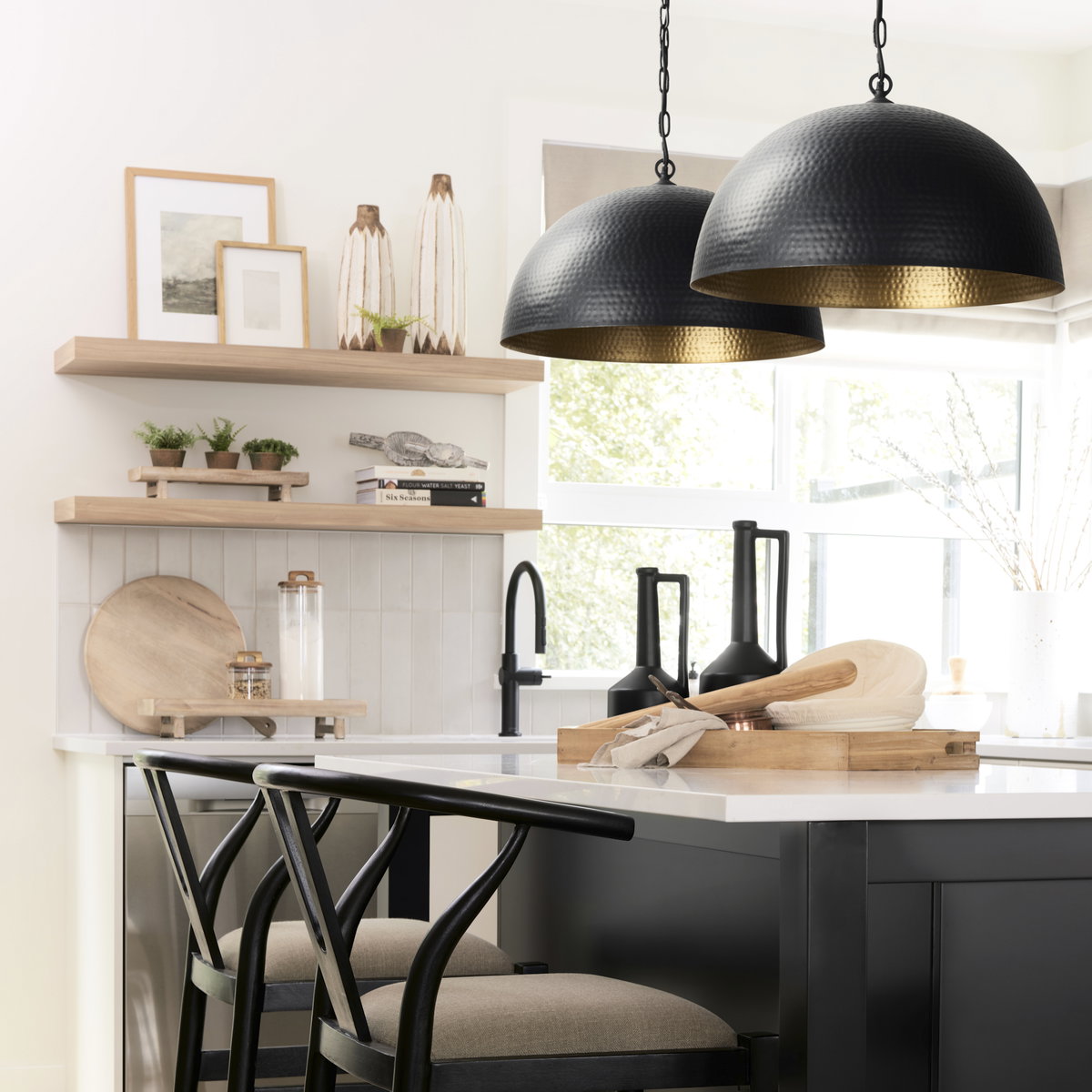 Karina 24' Round Matte Black Hammered Metal Dome Pendant Light, by Mercana, 24" length x 24" width x 17" height View 2