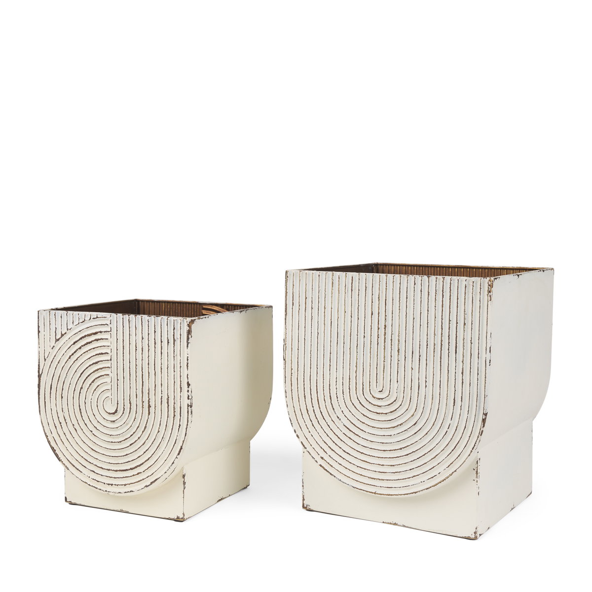 Medina Off White with Gold Antiquing Metal Planters (Set of 2), by Mercana, 9.45" length x 9.45" width x 11.02" height View 1