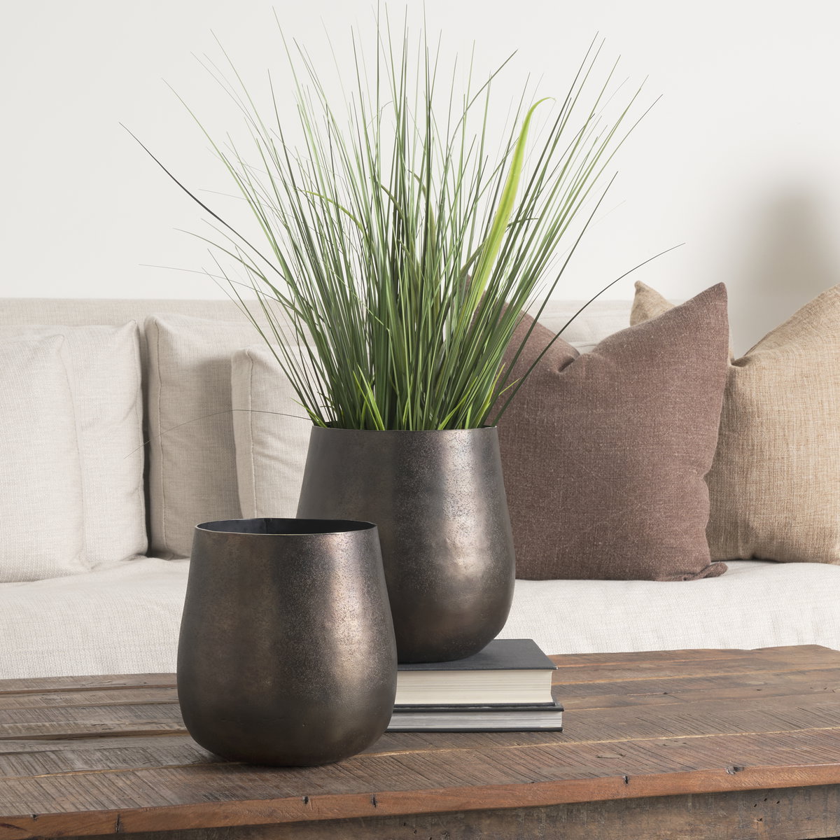Quade Large Textured Gold Metal Planter, Vase by Mercana, 9" length x 9" width x 9" height View 2