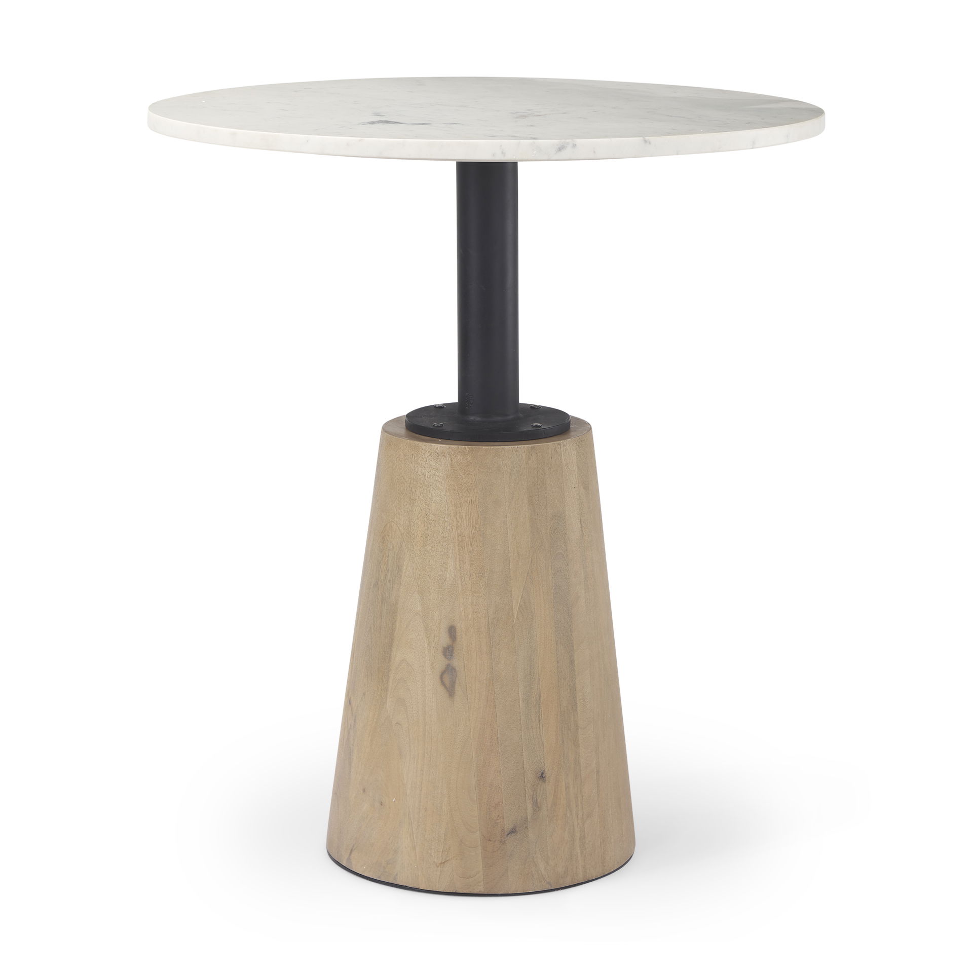Maxwell 32' Round White Marble Tabletop with Blonde Wood & Black Metal Accent Pedestal Bistro Table, Dining Table by Mercana, 32" length x 32" width x 36" height View 1
