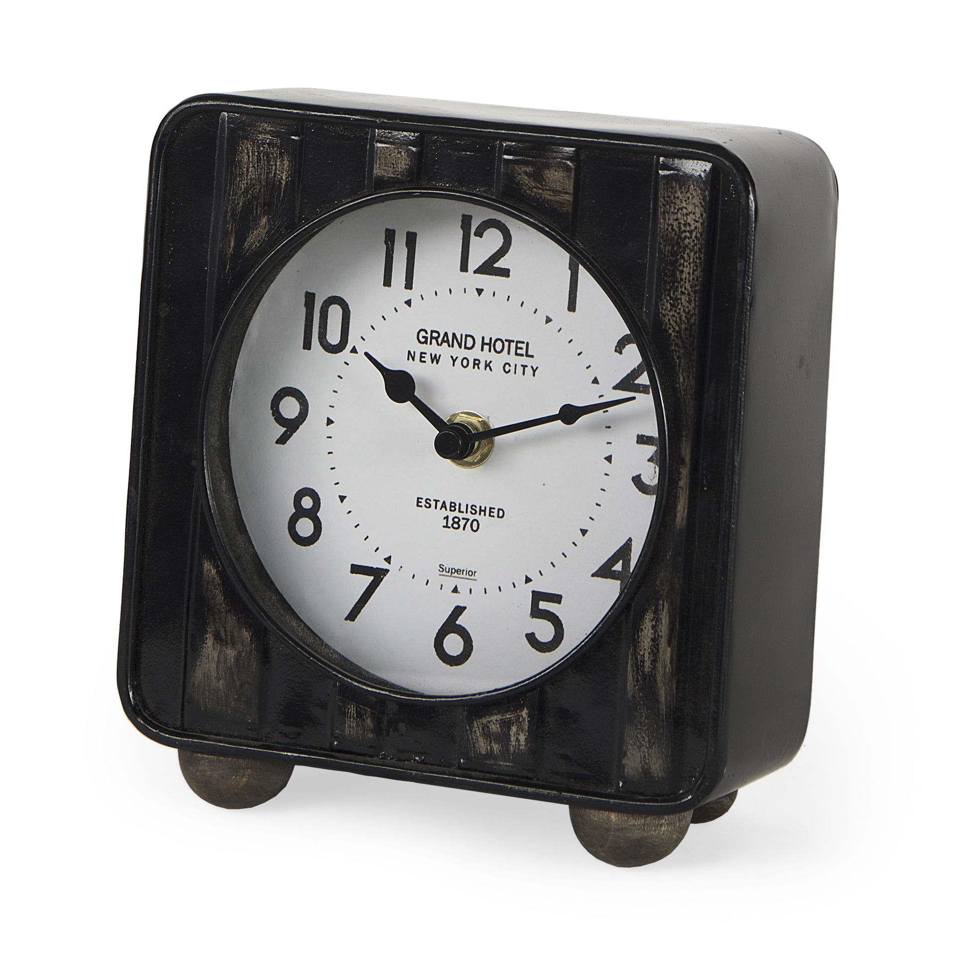 Karl  Rustic Black Iron Rounded Square Table Clock, by Mercana, 6" length x 3" width x 6.75" height View 1