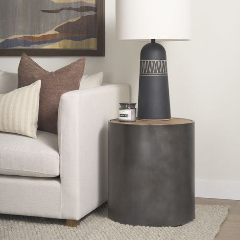 Eclipse Gunmetal Gray Drum Base with Brown Wood Top End/Side Table