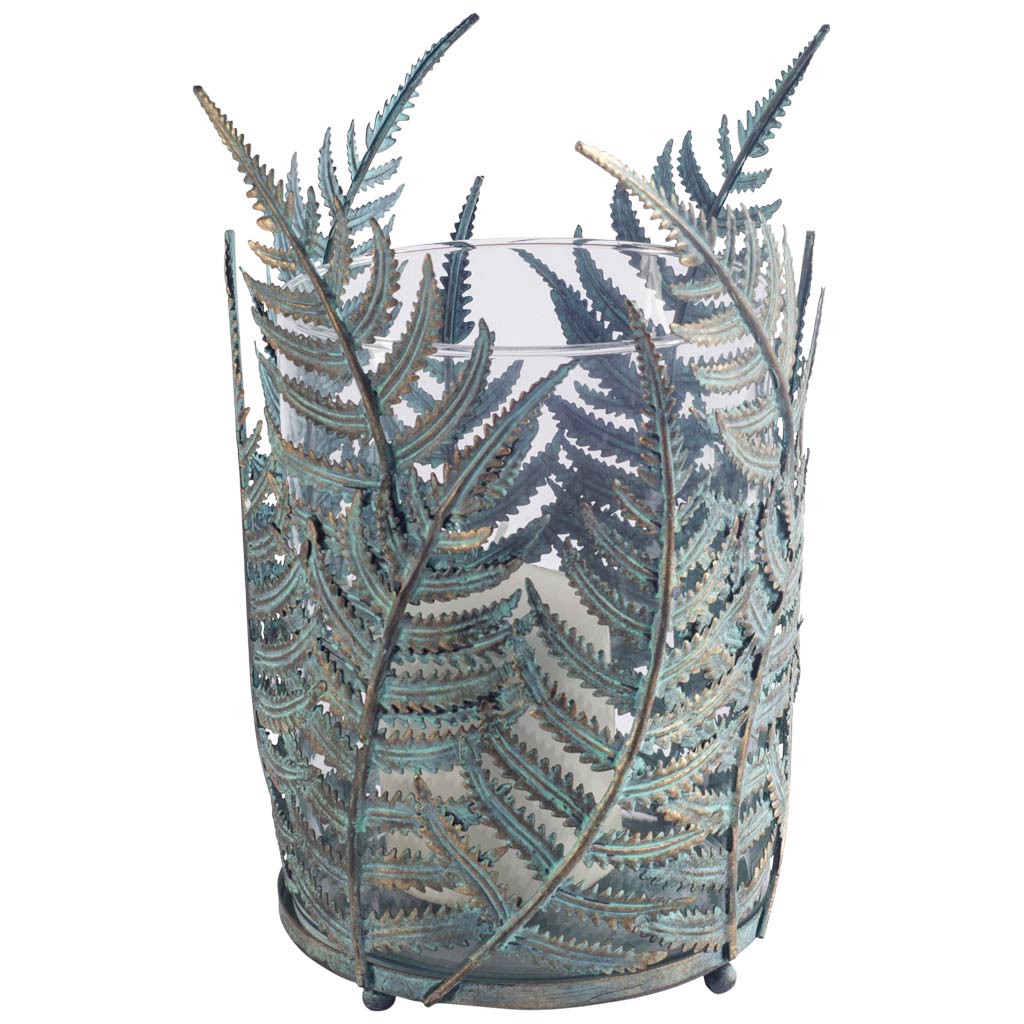 Palen II Large Green/Gold Metal Fern Leaf Table Candle Holder, Candles & Candle Holder by Mercana, 6.7" length x 6.7" width x 10.98" height View 1
