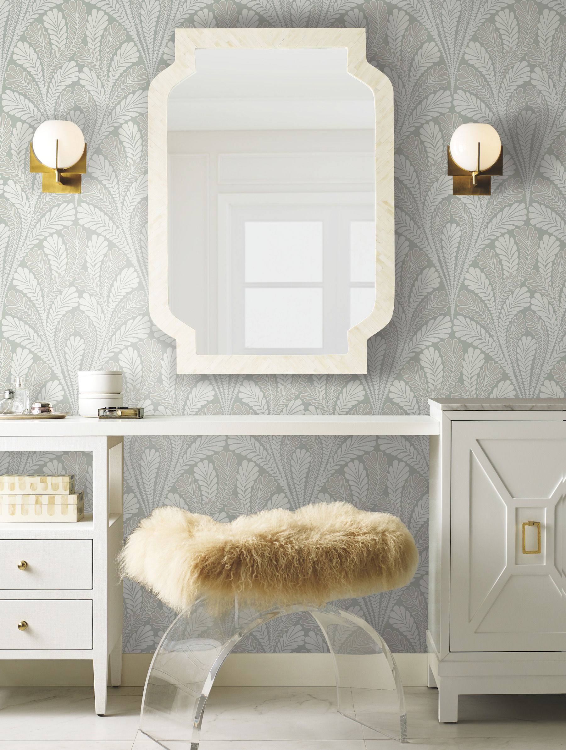 Shell Damask Green Wallpaper, by York Wall, 33' length x 1'8.5" width x 0.02" depth View 2
