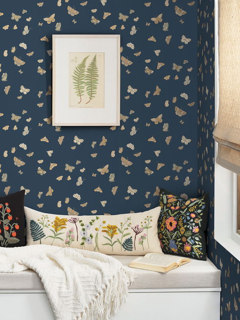 Butterfly House Navy Wallpaper