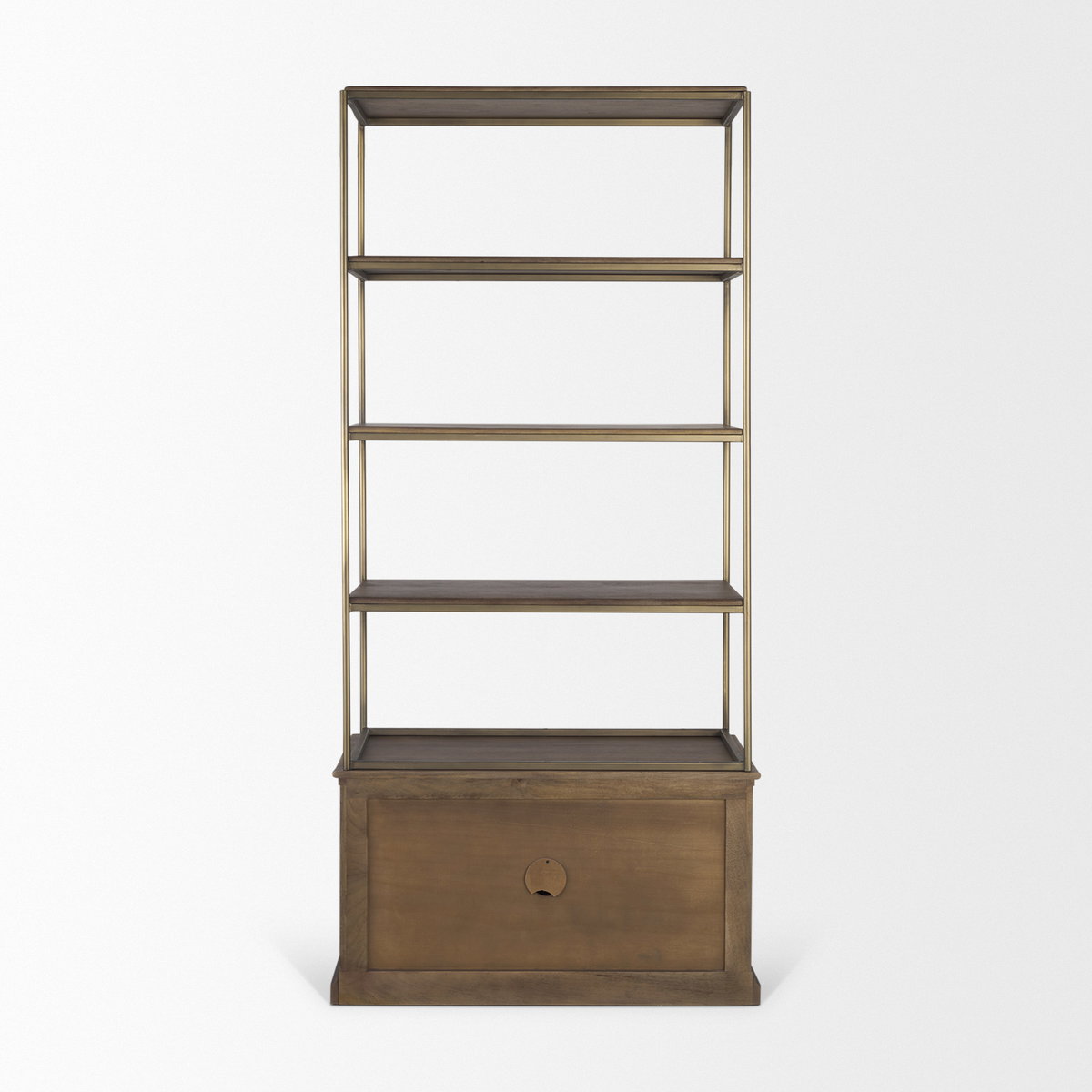 Baron Dark Brown Wood with Antiqued Aged Brass Metal 2-Door Open Shelving Unit, Shelving & Bookcase by Mercana, 41.75" length x 19" width x 90" height View 6