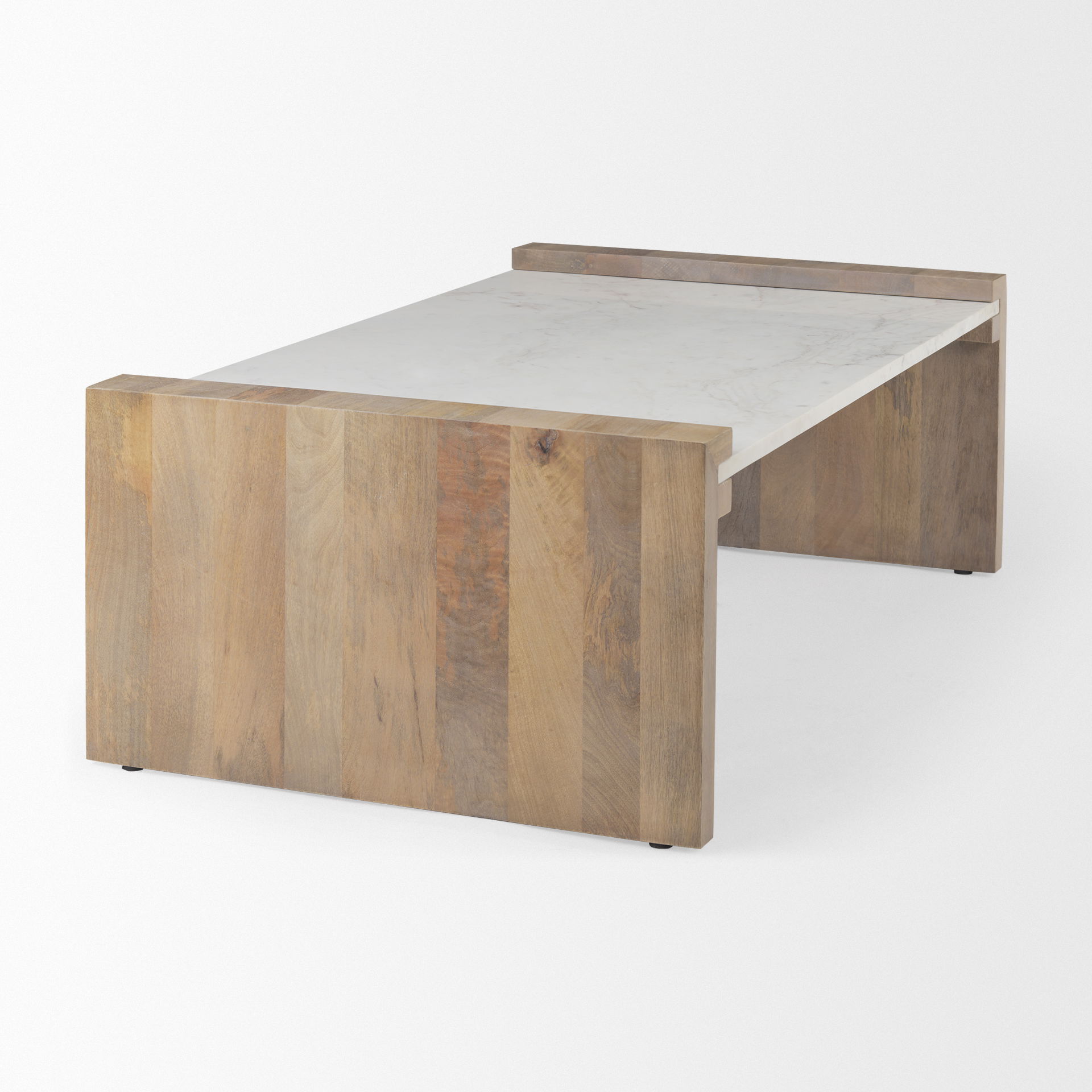 Athens   Light Brown Wood and White Marble Coffee Table, by Mercana, 48" length x 28" width x 16" height View 5