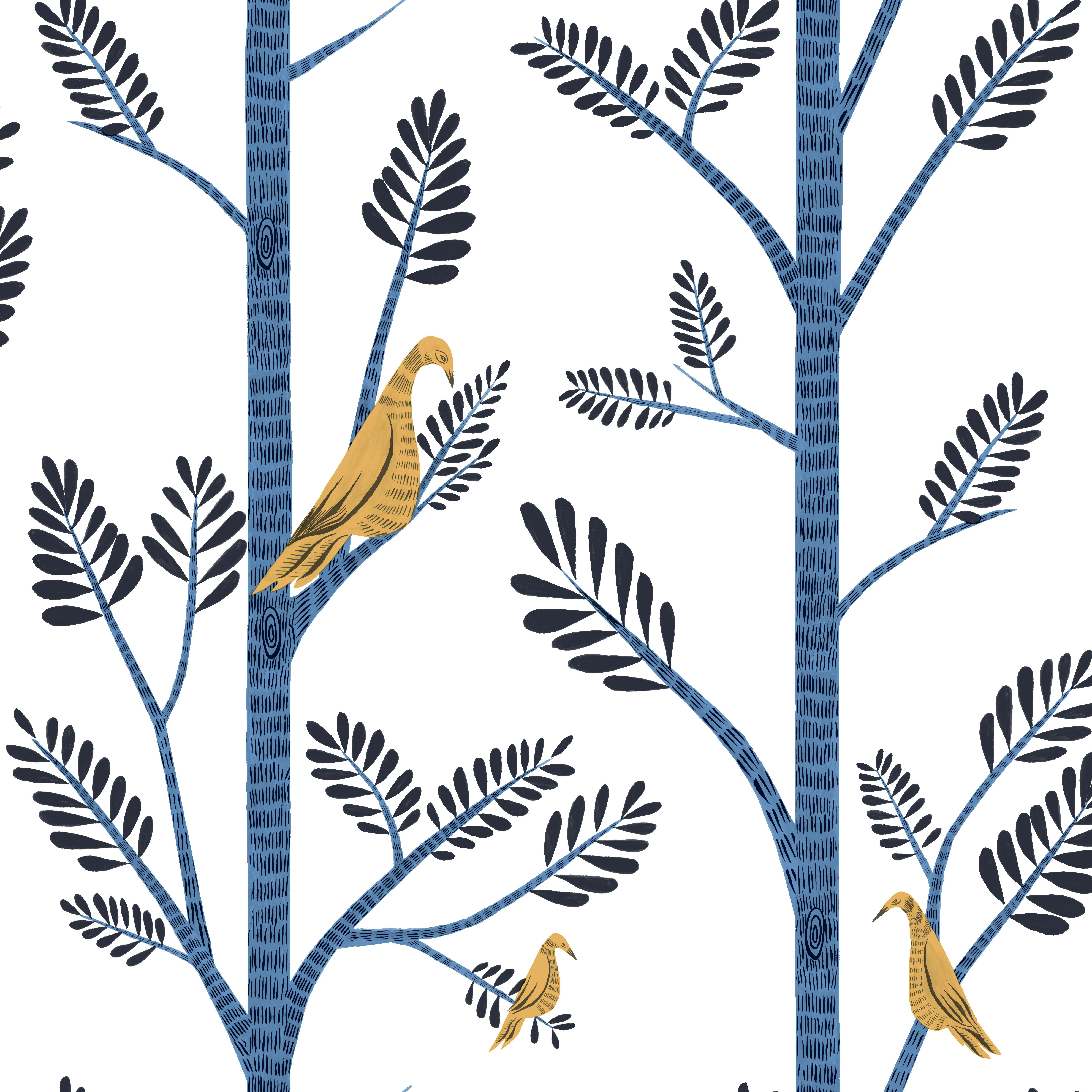 Aviary Branch Blue & Yellow Peel & Stick Wallpaper large image 