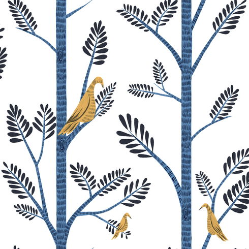 Aviary Branch Blue & Yellow Peel & Stick Wallpaper