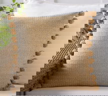 Online Designer Other Faux Natural Fiber Pom Pom Outdoor Throw Pillow, 18" x 18", Natural