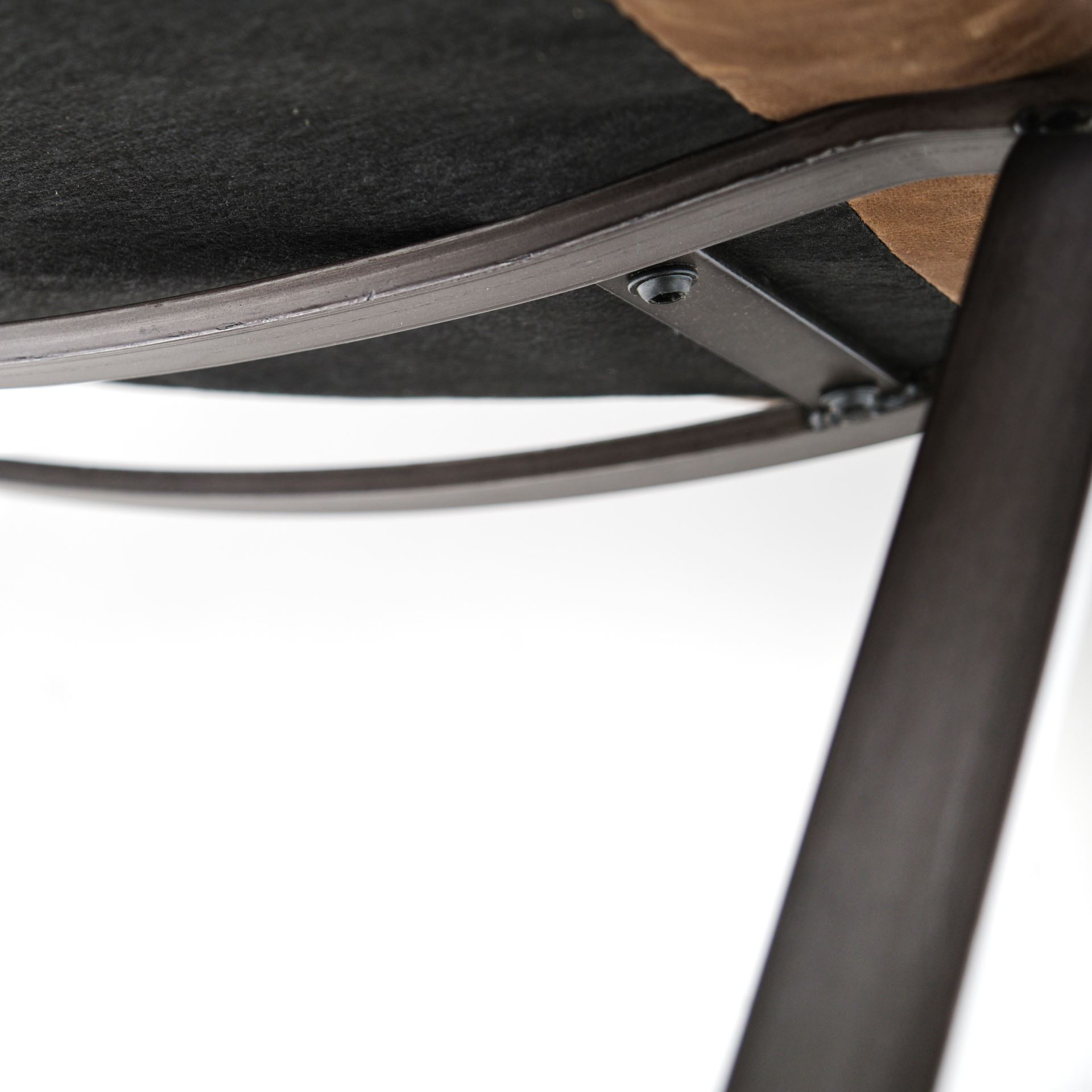 Flavelle I Brown Leather Cushion Seat and Solid Iron Base Accent Chair, by Mercana, 28.35" length x 33.07" width x 27.53" height View 9