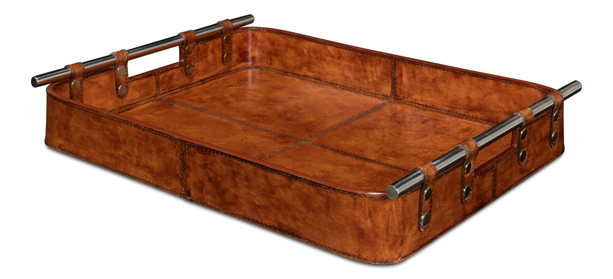 Safari Leather Tray, by Sarreid, 1'3" length x 1'7" width x 2" height View 1