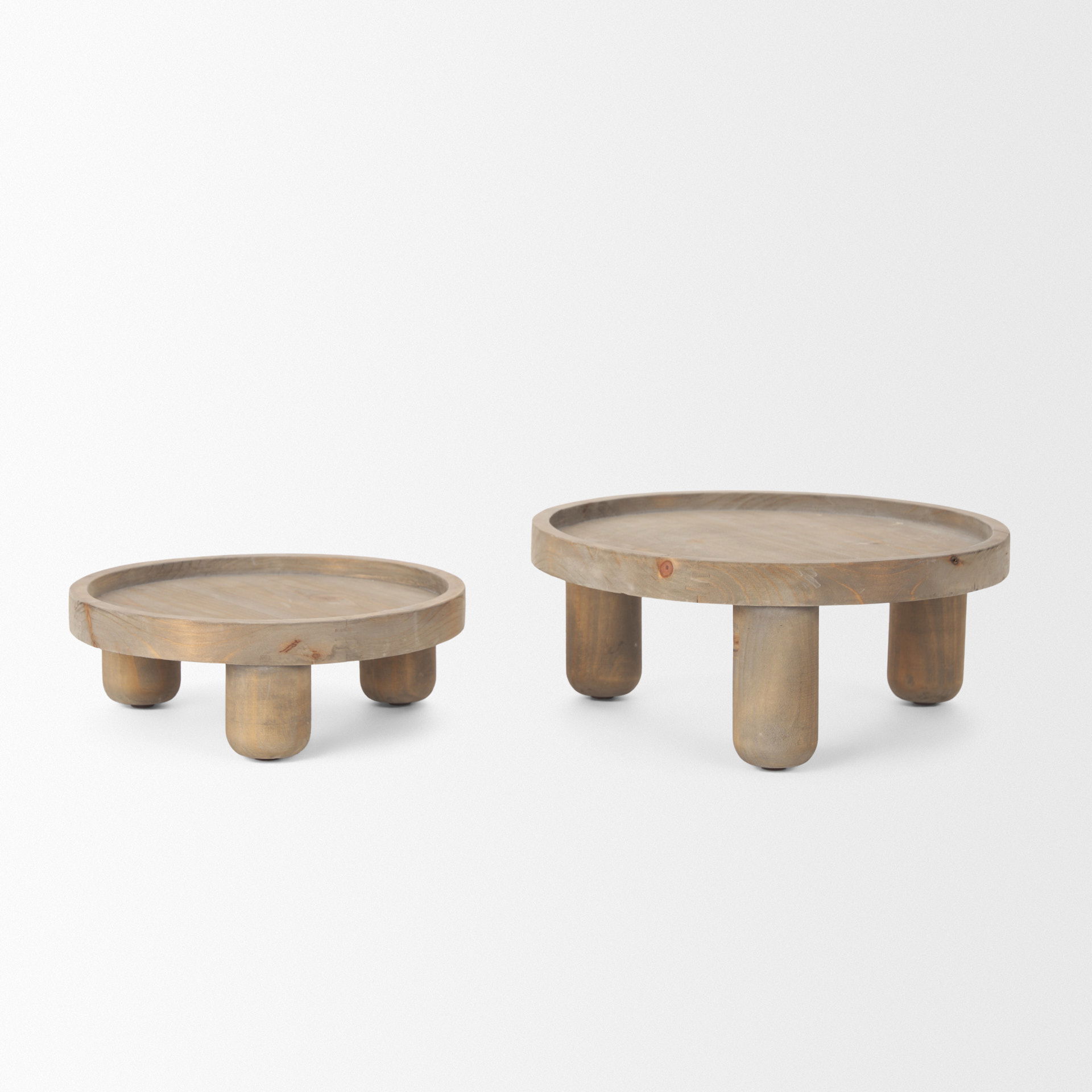Virve Round Light Brown Wood with Gray Wash Wooden Trays, Decorative Tray by Mercana, 13.25" length x 13.25" width x 5.75" height View 4