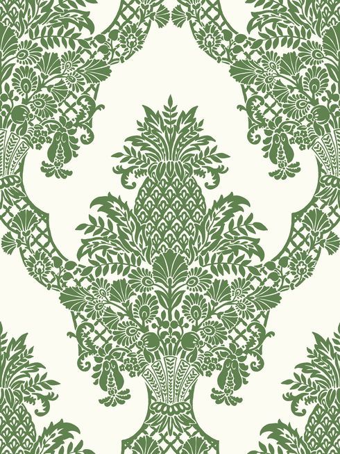 Pineapple Plantation Green & White Wallpaper