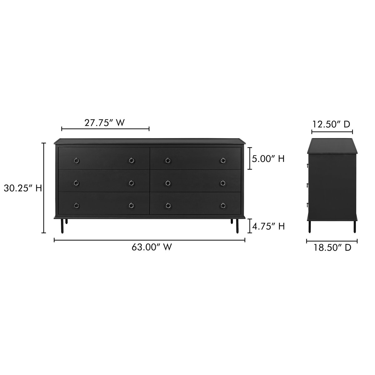 Reagan 6 Drawer Dresser Black, by Moe's Home, 63" width x 30.25" height x 18.5" depth View 11