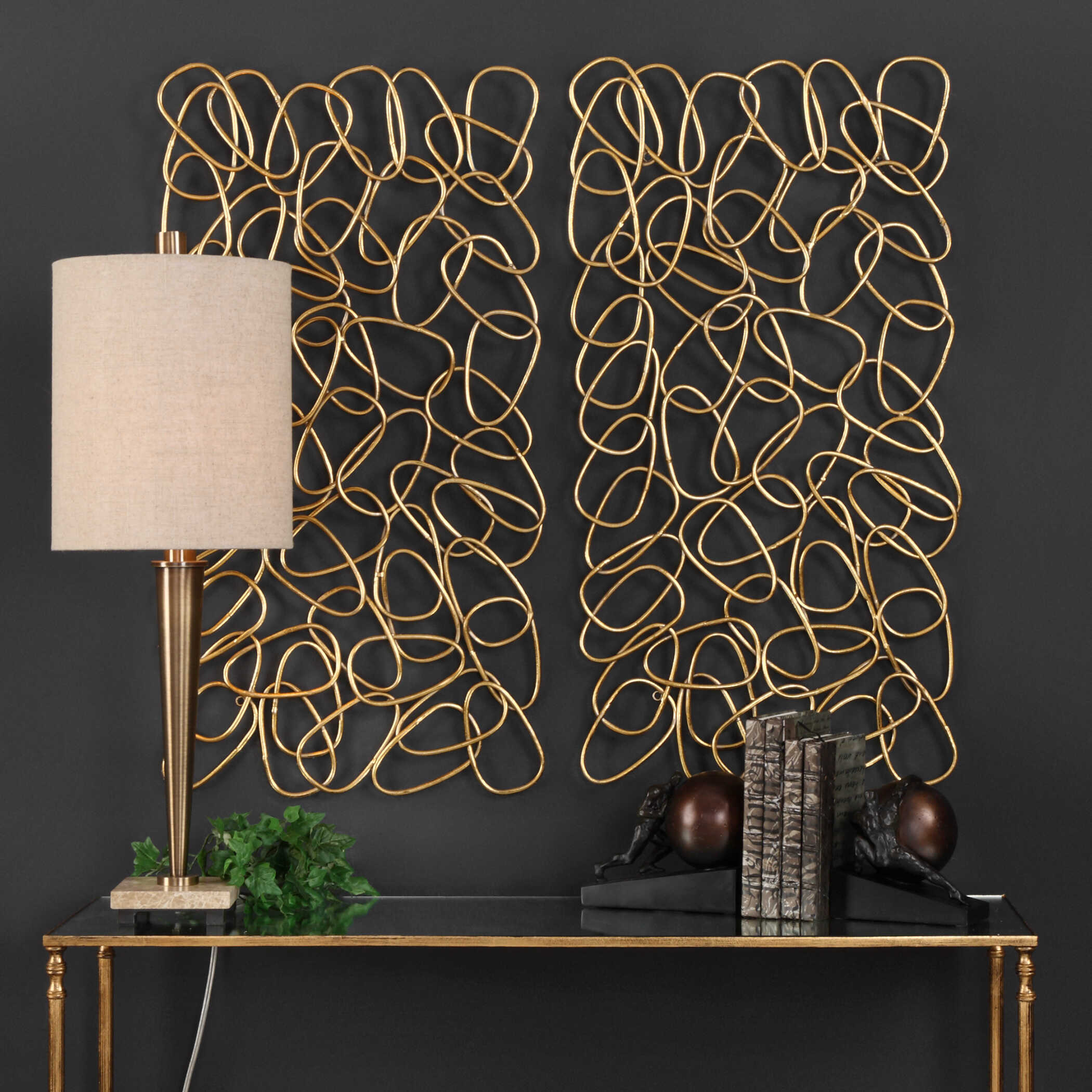 In The Loop Gold Wall Art Set/2, Sculptural Wall Art by Uttermost, 19.3" width x 37.5" height x 1.18" depth View 2