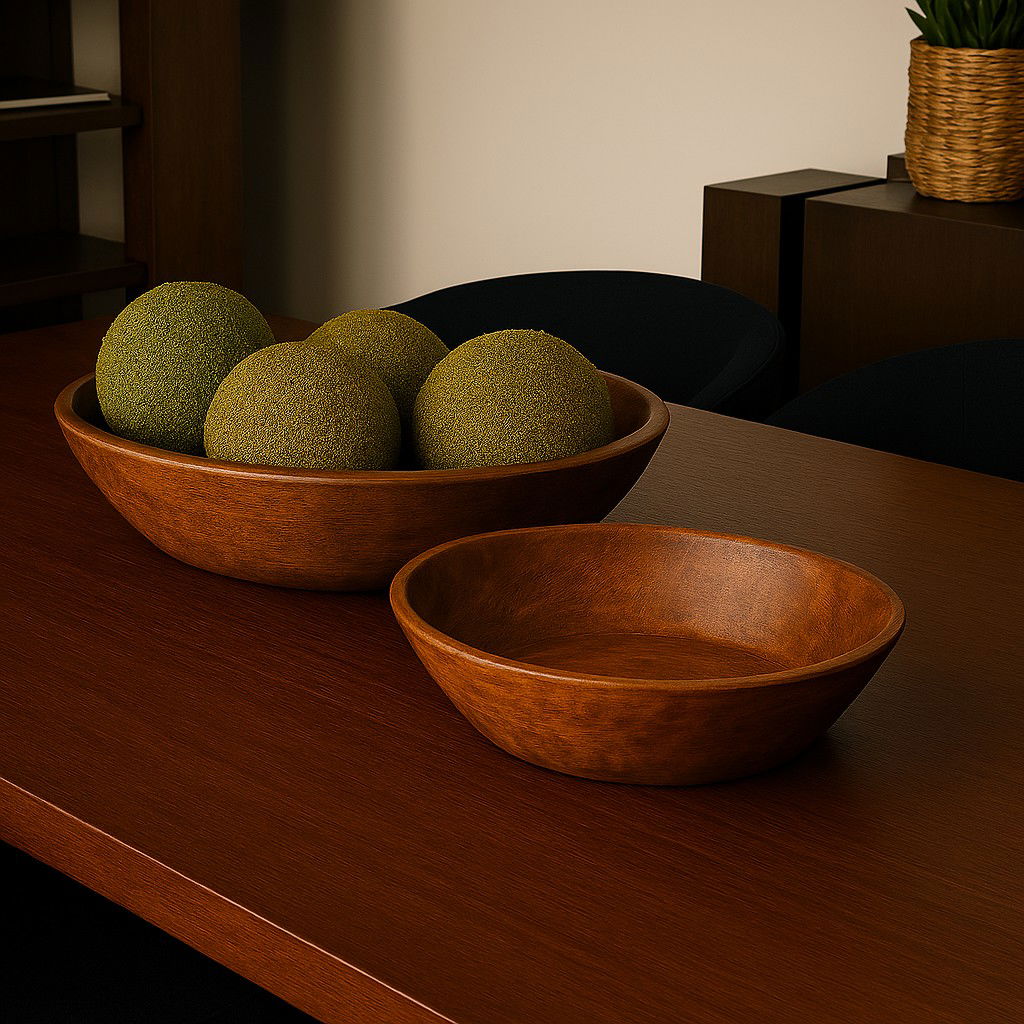 Nikita Set of 2 Large Medium Brown Reclaimed Wood Bowls, Decorative Bowl by Mercana, 17.25" length x 18.25" width x 4.5" height View 2