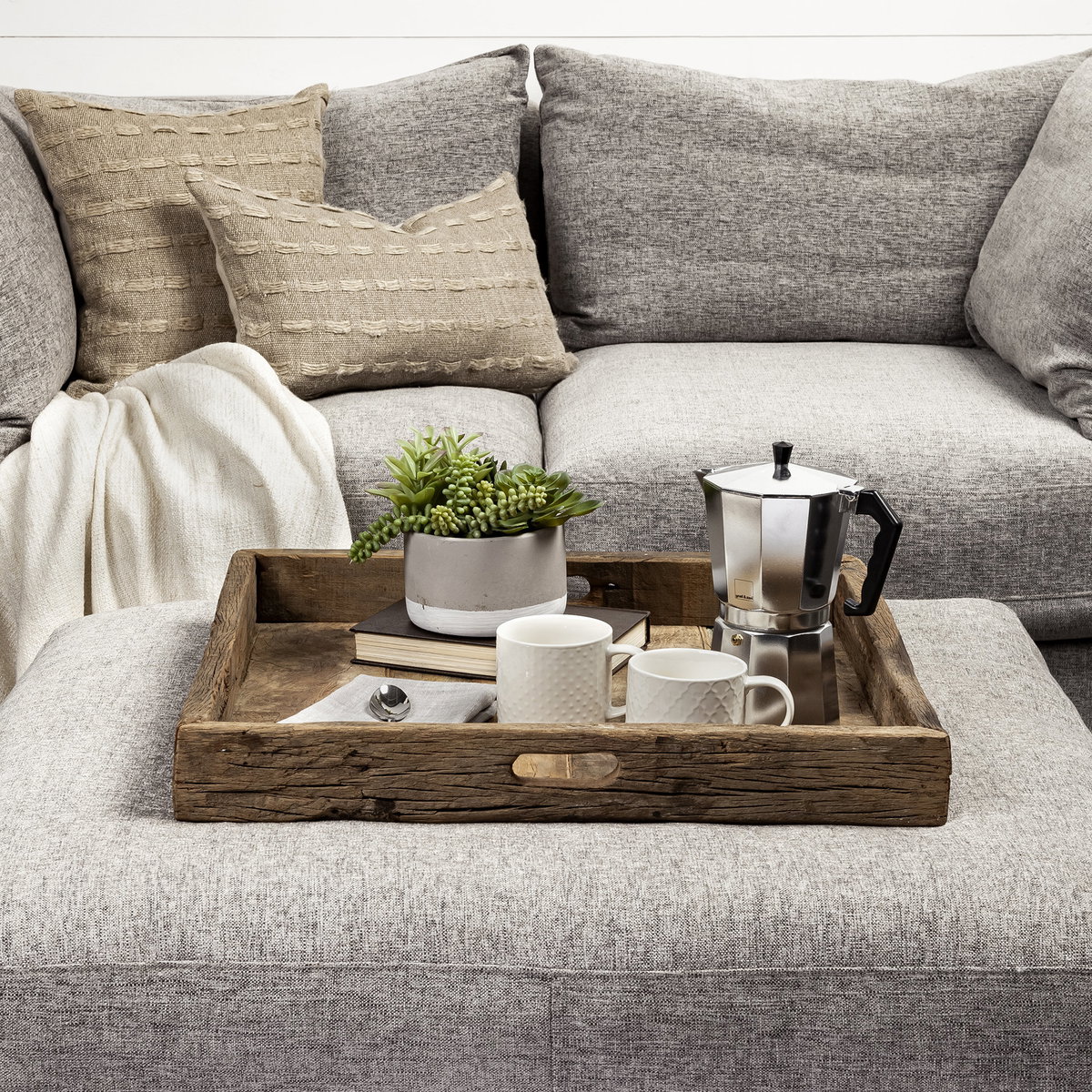 Carson (Small) 24L x 24W Brown Reclaimed Wood Tray, Decorative Tray by Mercana, 24" length x 24" width x 3" height View 2