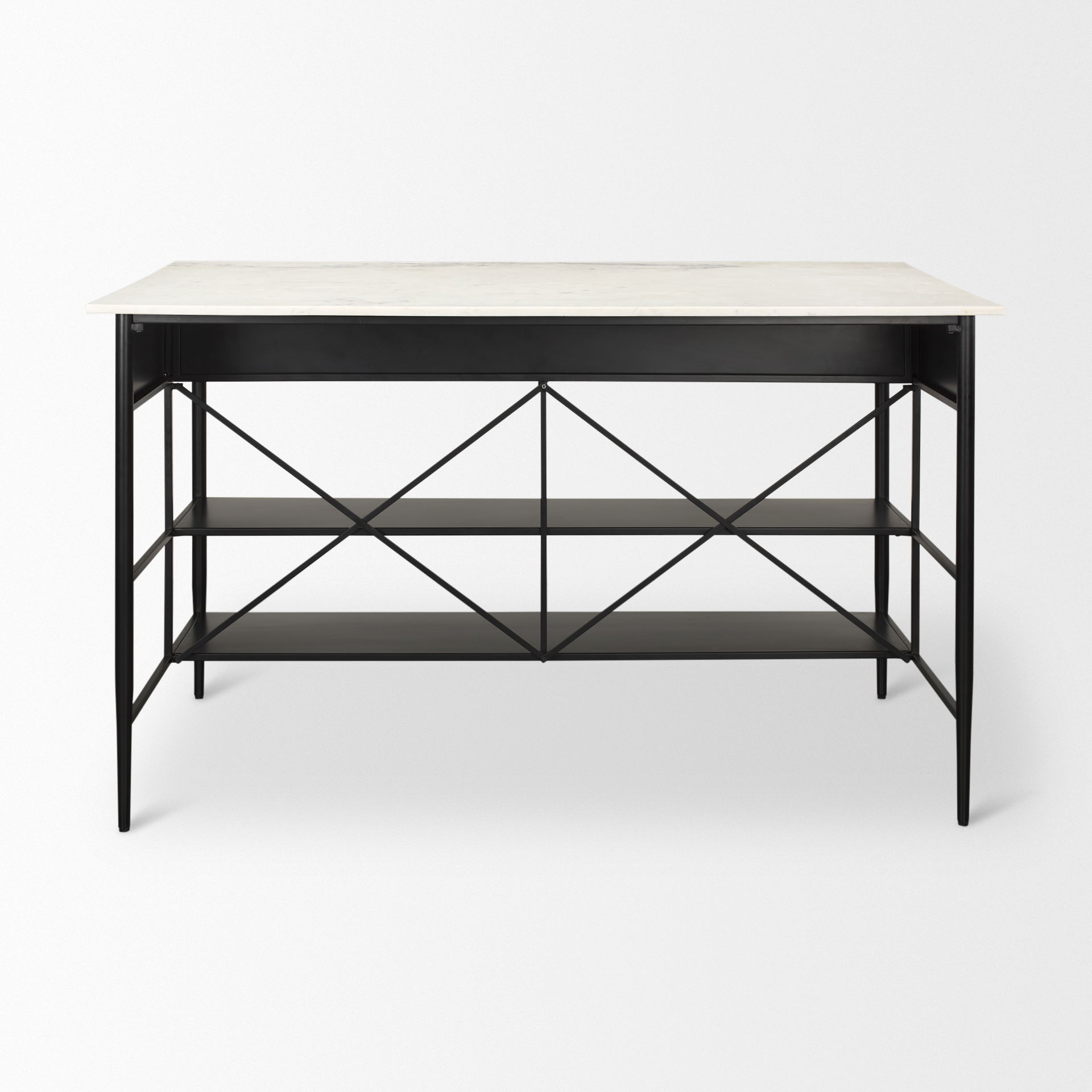 Amika White Marble Top Black Metal Base Kitchen Island, by Mercana, 62" length x 34" width x 36" height View 8