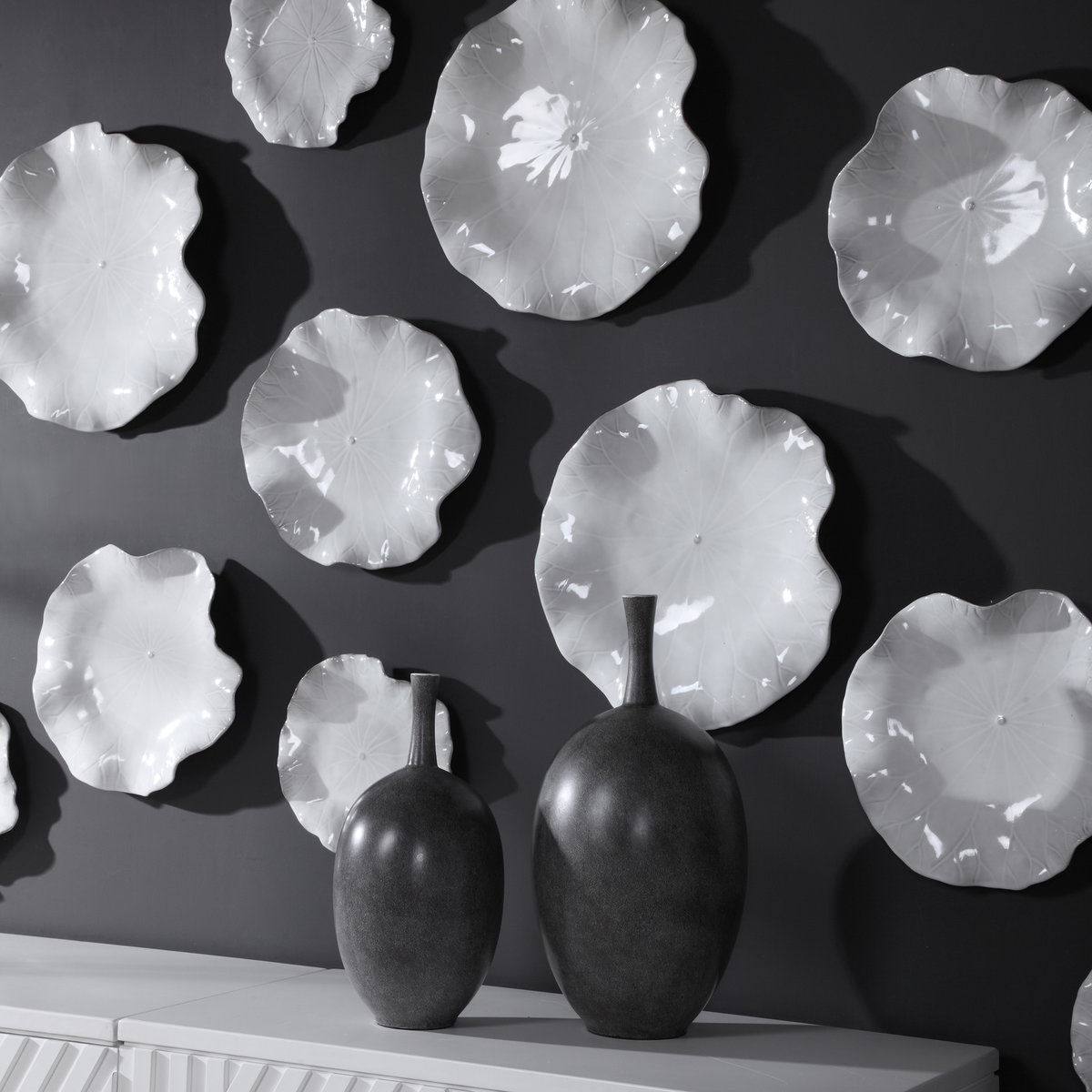 Abella Ceramic Wall Decor Set/3 White, Sculptural Wall Art by Uttermost, 17.87" width x 17.87" height x 3.87" depth View 2