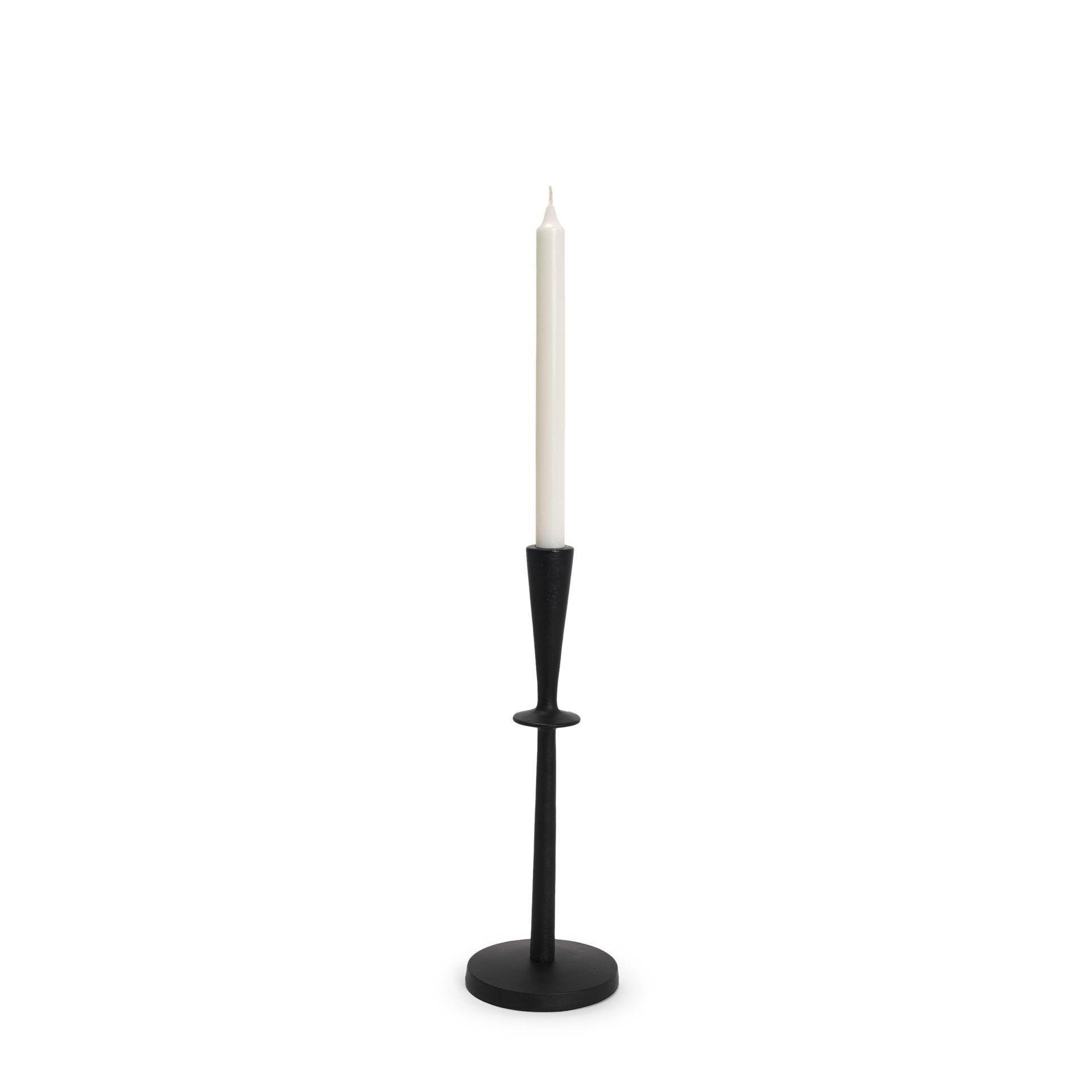 Qwin Matte Black Cast Aluminum Medium Candle Holder, Candles & Candle Holder by Mercana, 4.5" length x 4.5" width x 13" height View 1