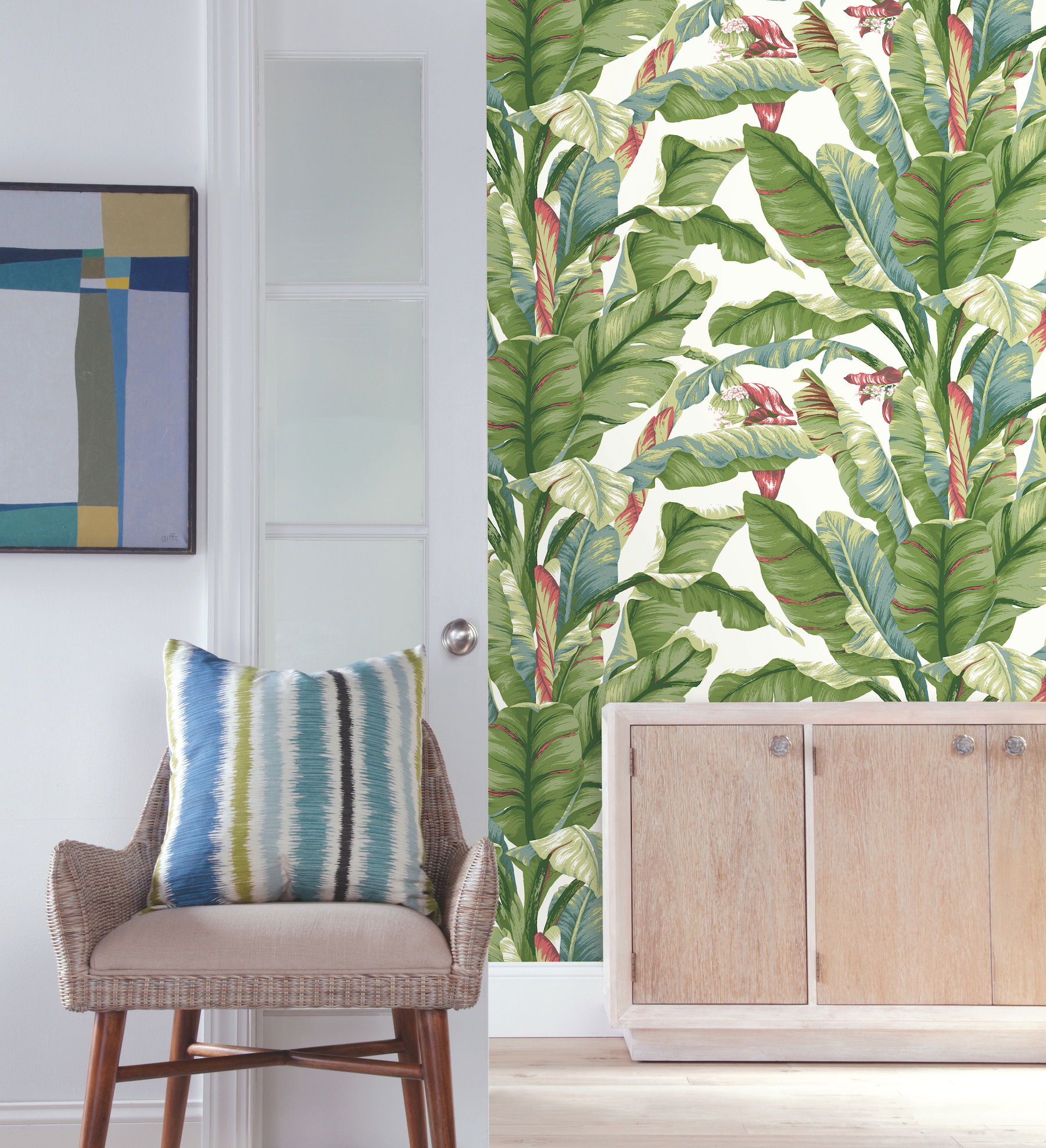 Banana Leaf White & Green Peel & Stick Wallpaper large image 