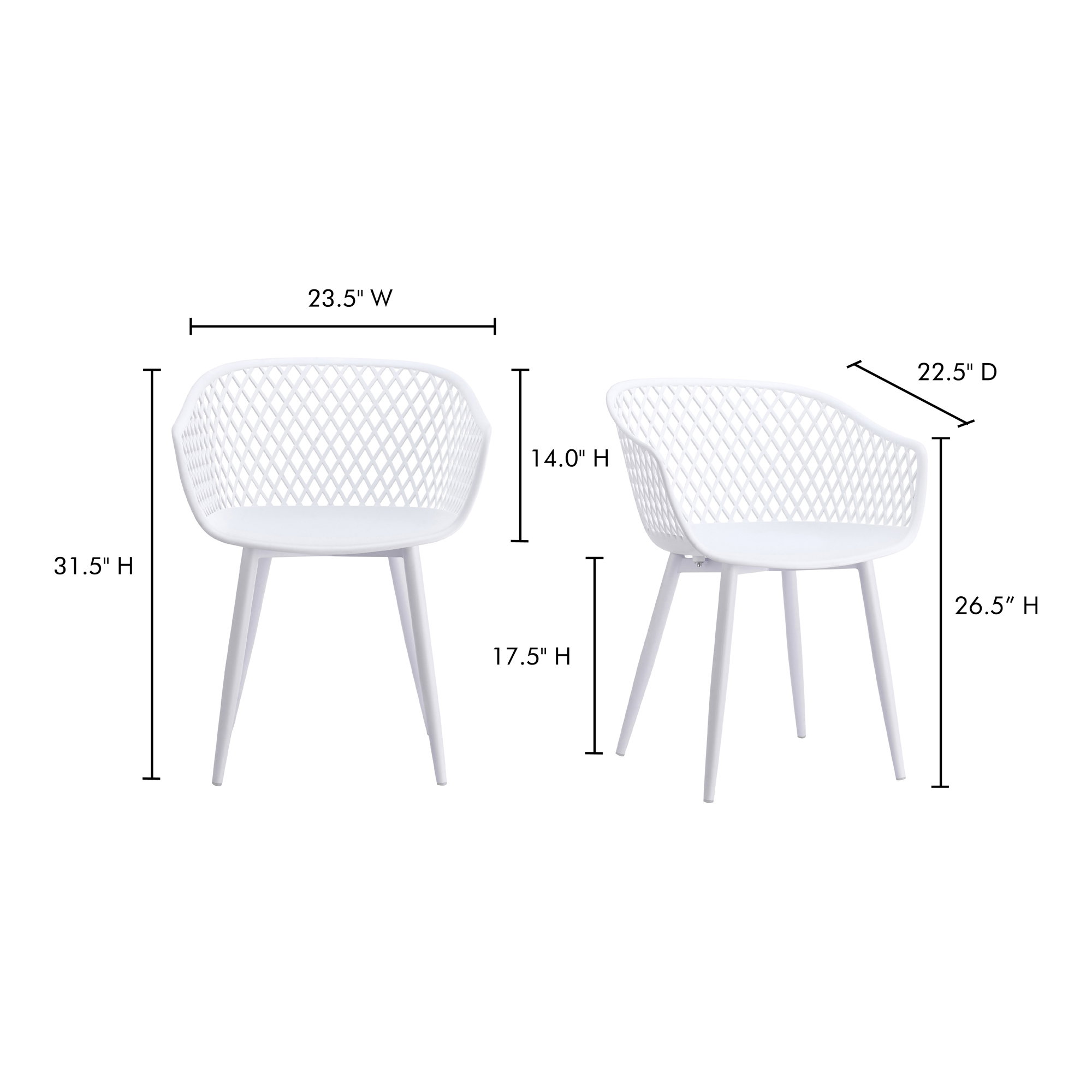 Piazza Outdoor Chair White - Set Of Two, Dining Chair by Moe's Home, 23.5" width x 31.5" height x 22.5" depth View 4