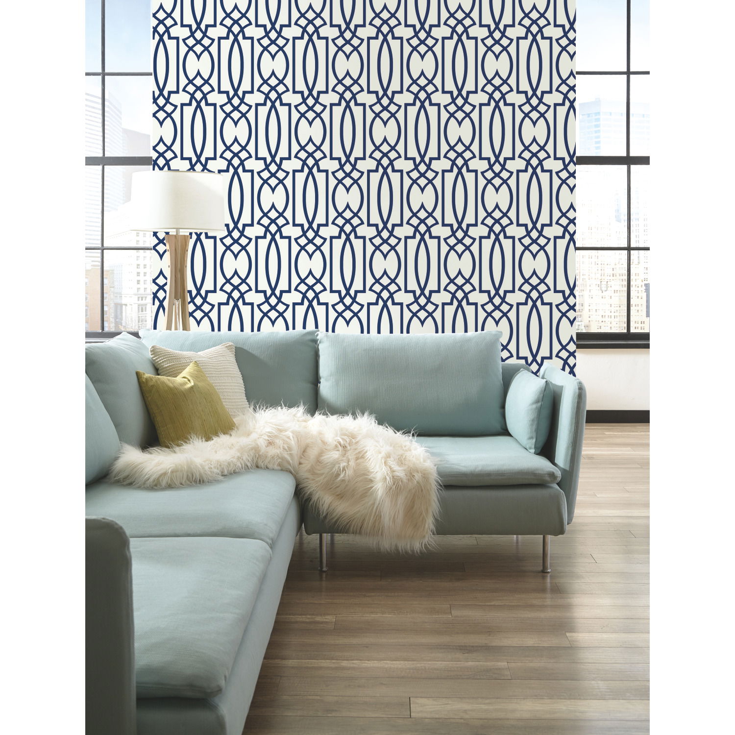 Large Lattice Blue Wallpaper, by York Wall, 27' length x 2'3" width x 0.02" depth View 4
