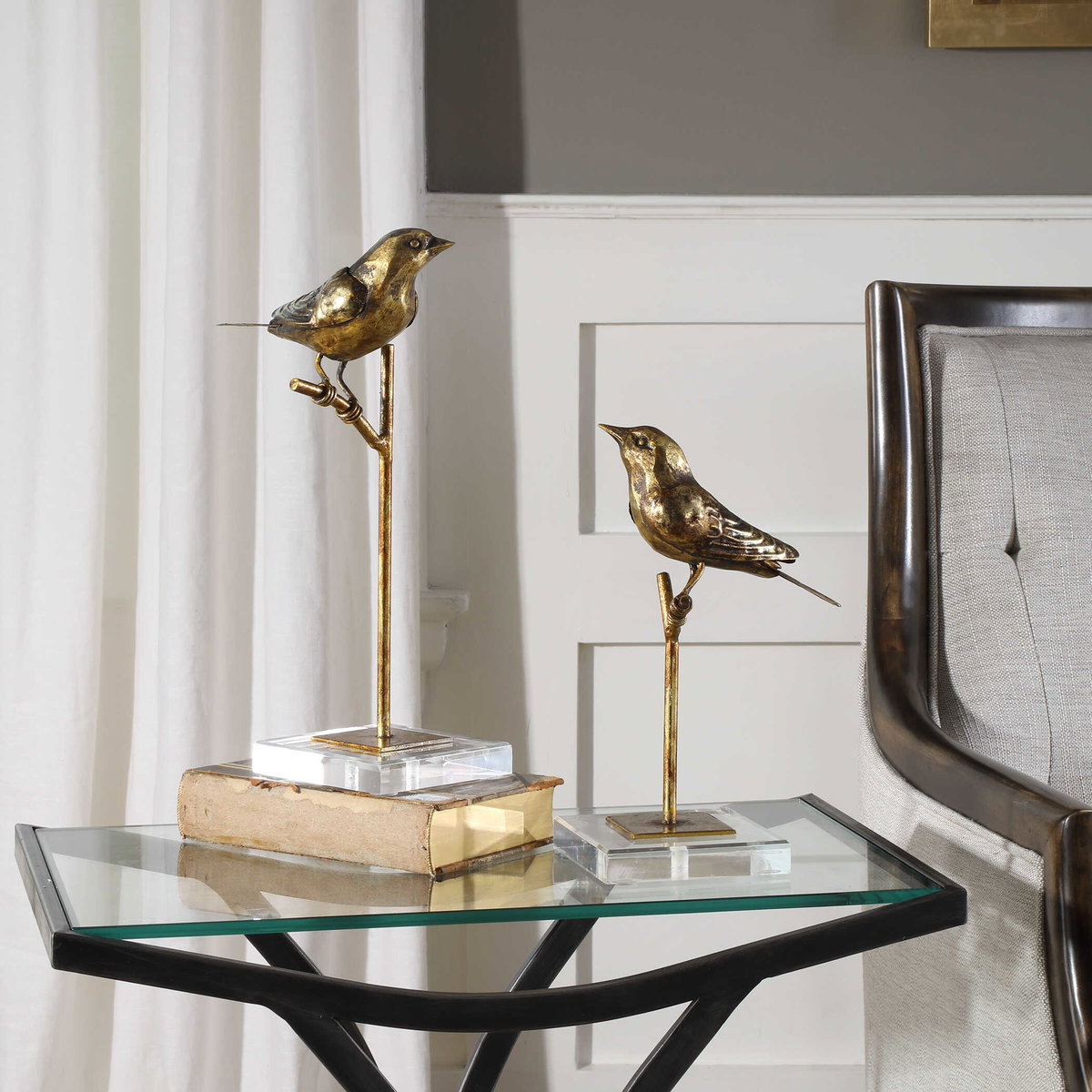 Passerines Bird Sculptures Set/2, Figurines & Statue by Uttermost, 6.5" width x 12.83" height x 5.12" depth View 3