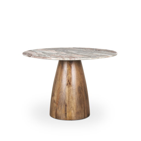 Allyson 42" Round Pedestal Dining Table | Savar Pink Marble & Brown Wood | Seats 4