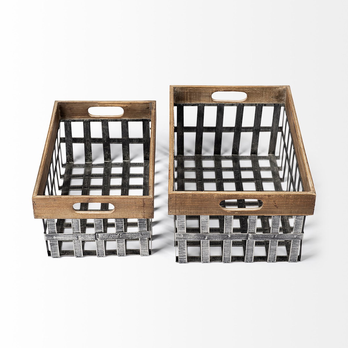 Chartrand Set of 2 Wood And Metal Open Crate Style Baskets, Bins & Basket by Mercana, 18.7" length x 12.6" width x 8.66" height View 5