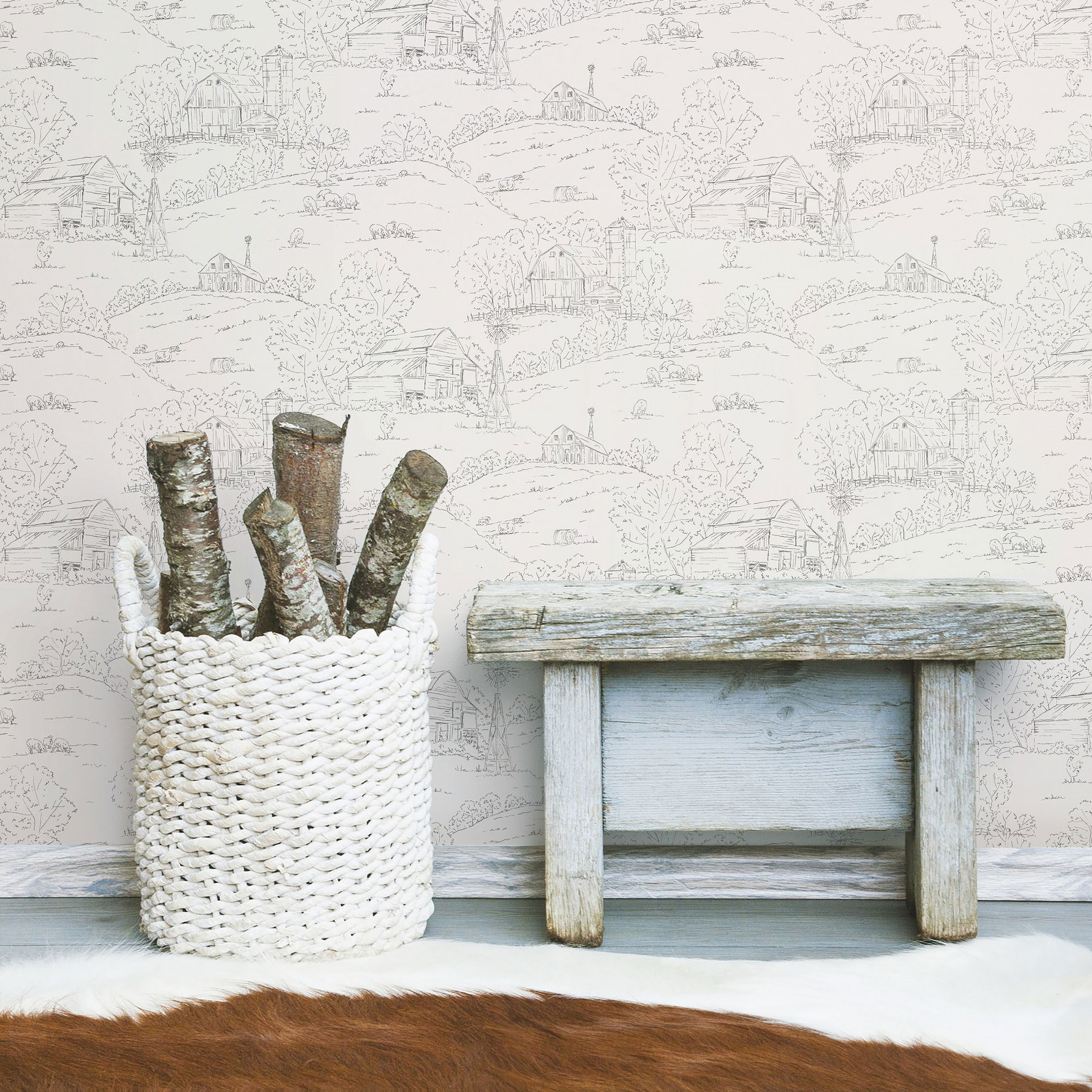 Pasture Toile Beige & Grey Wallpaper large image 