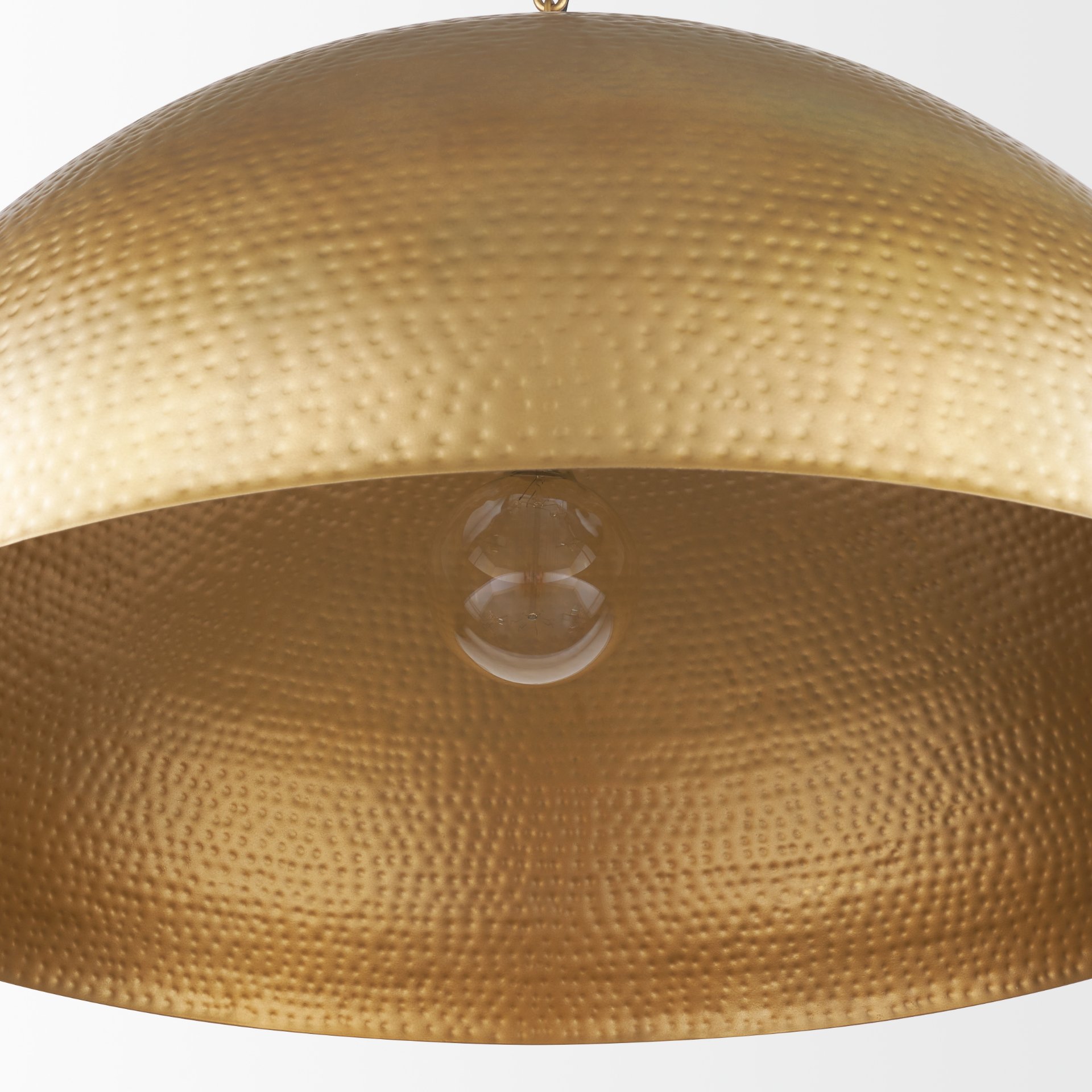 Karina 36' Round Brass-tone Hammered Metal Dome Pendant Light, by Mercana, 39" length x 39" width x 23" height View 8