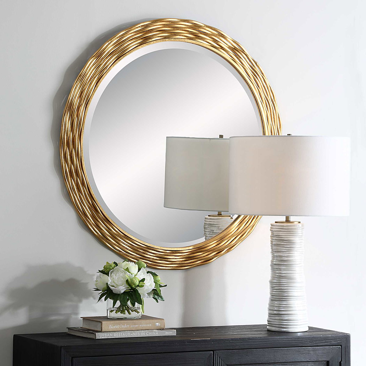 Celeste Gold Round Mirror, by Uttermost, 35.87" width x 35.87" height x 0.75" depth View 4