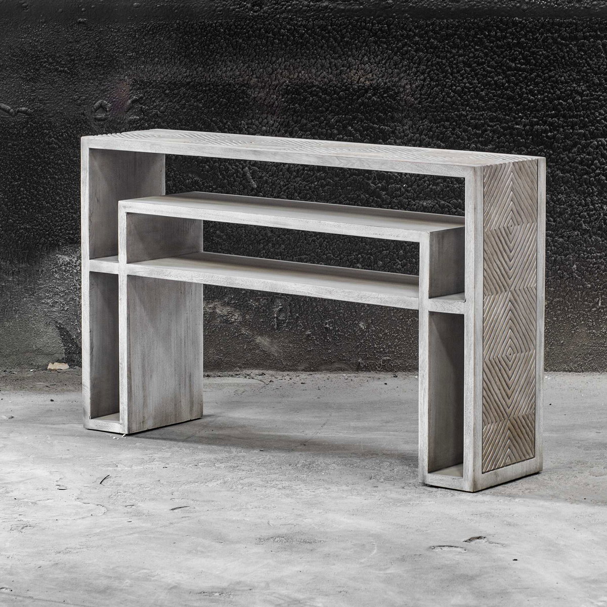Genara Bone White Carved Console Table, by Uttermost, 48" width x 30" height x 12" depth View 4