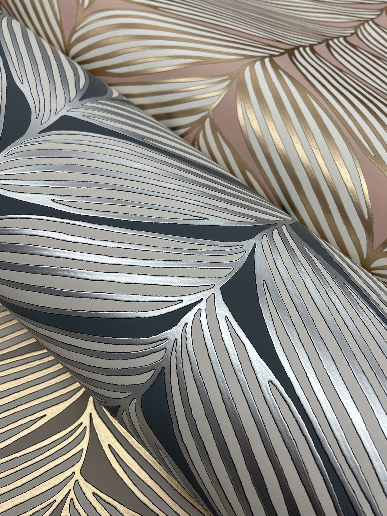 Luminous Leaves Grey & Gold Wallpaper large image 