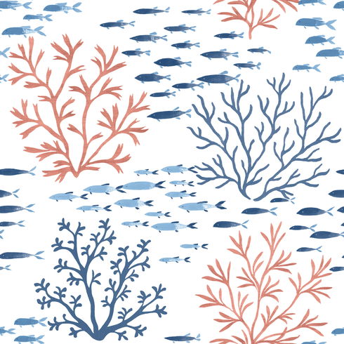 Marine Garden Coral & Navy Wallpaper