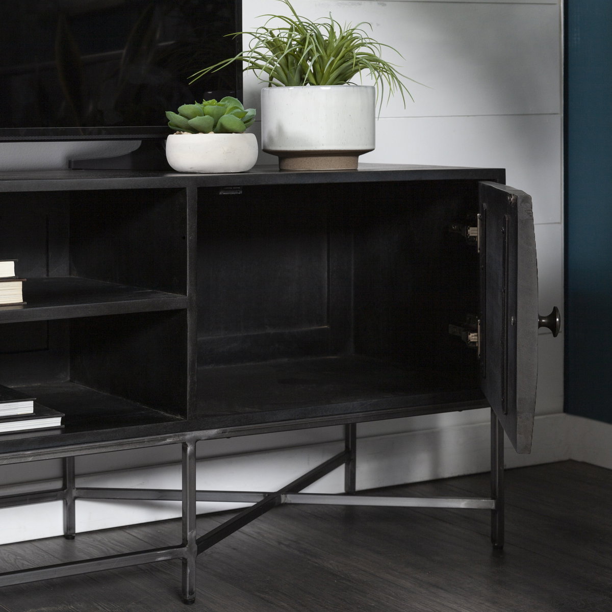 Hogarth I Dark Brown Solid Wood TV Stand Media Console with Storage, TV up to 81', by Mercana, 70.5" length x 16" width x 23.25" height View 4