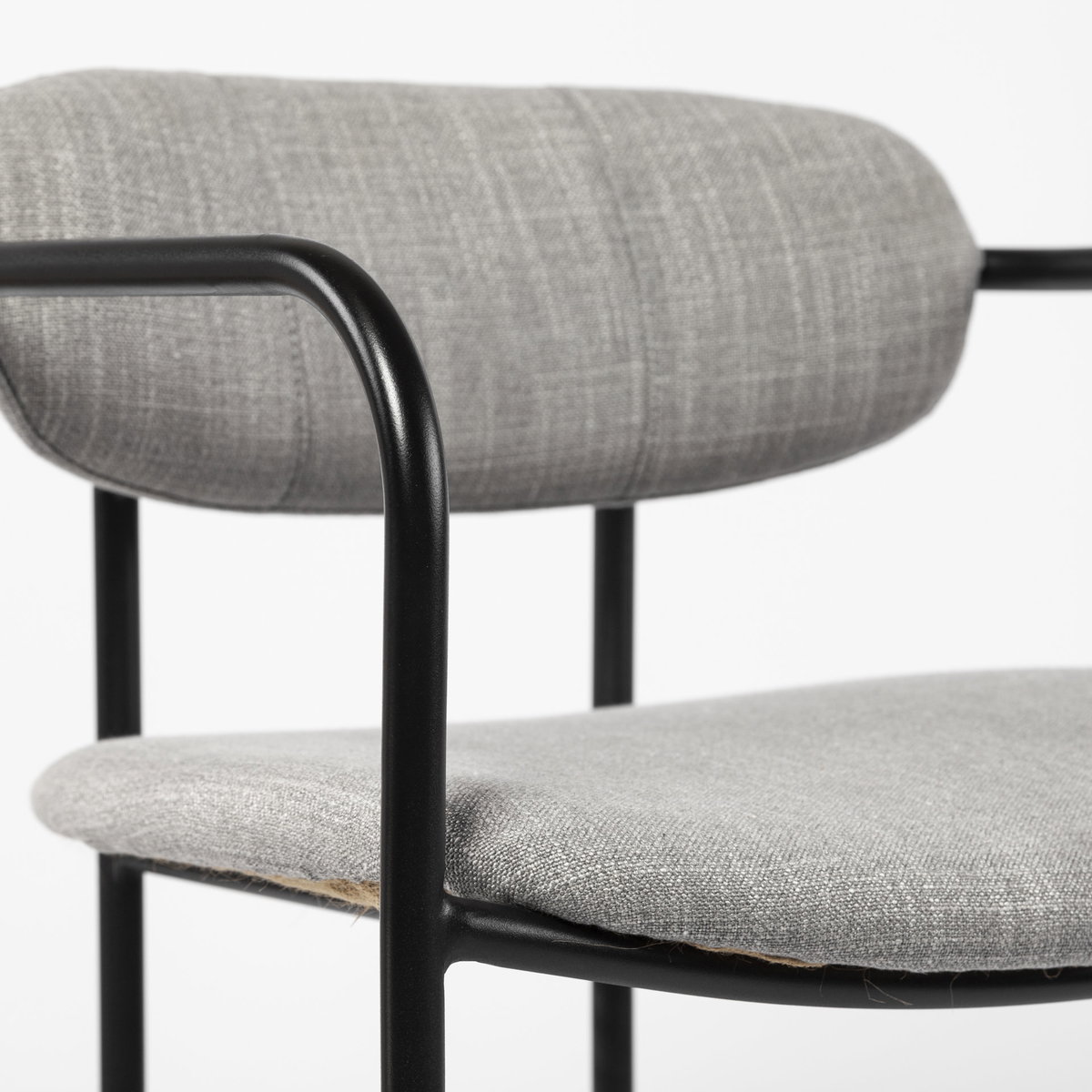 Parker Curved Back Dining Arm Chair | Gray Fabric with Black Metal, Dining Chair by Mercana, 21.65" length x 21.26" width x 28.74" height View 12