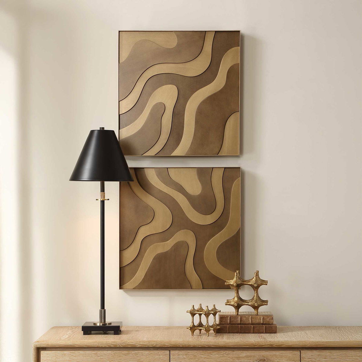 Golden Terrain Wooden Wall Decor Set/2, Sculptural Wall Art by Uttermost, 19.87" width x 19.87" height x 1.62" depth View 2