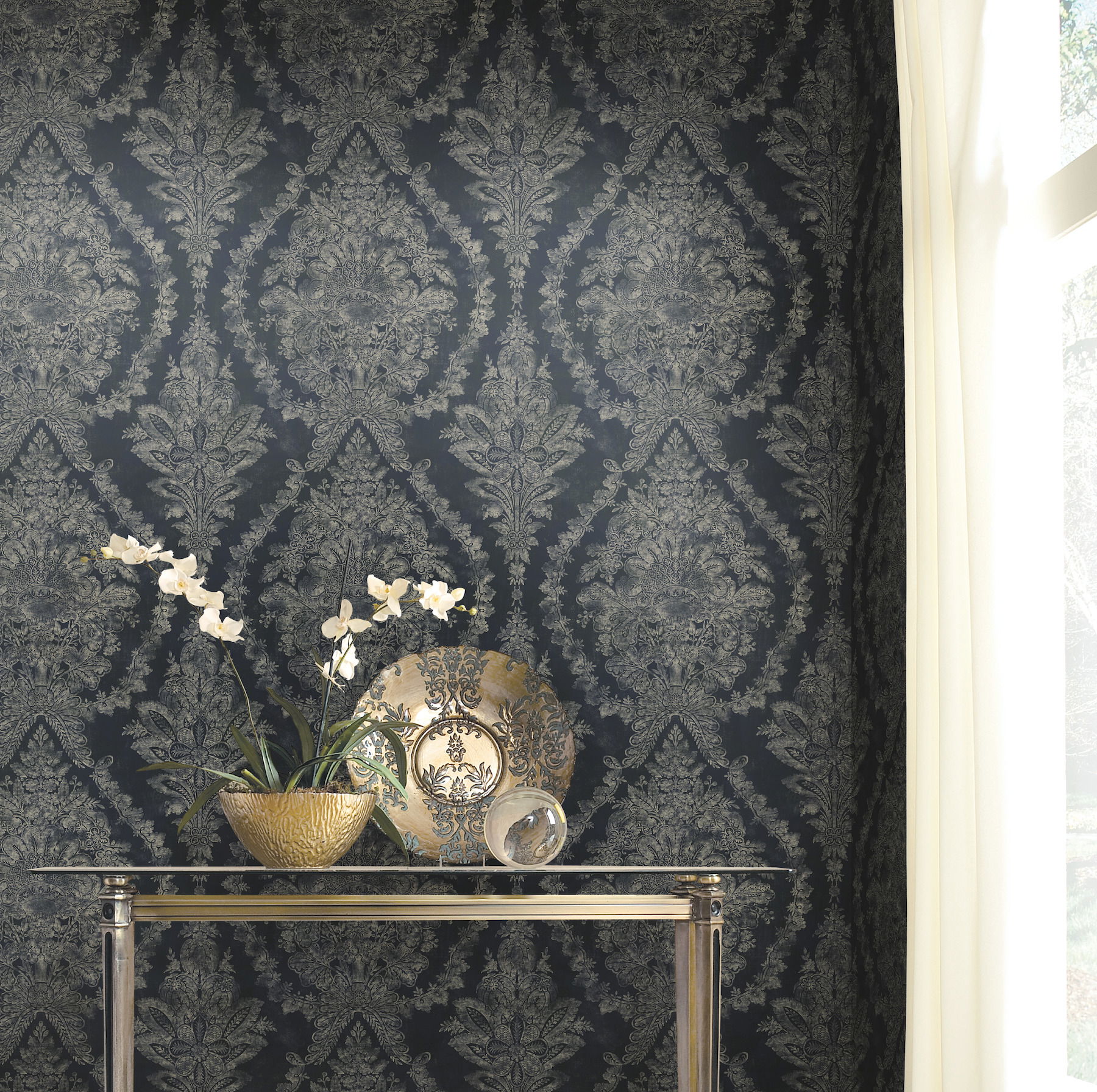 Charleston Damask Navy Wallpaper, by York Wall, 27' length x 2'3" width x 0.02" depth View 3