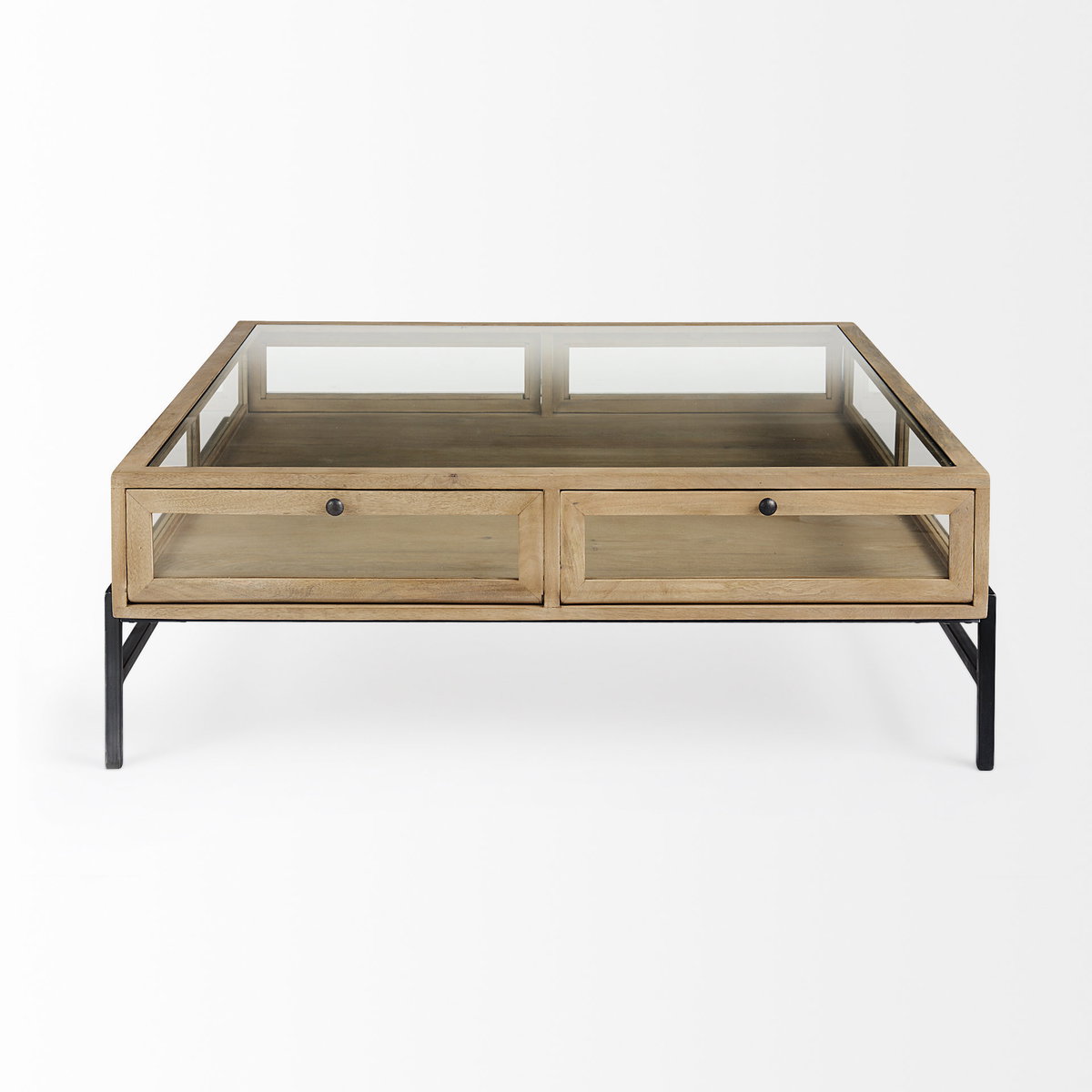 Arelius 42' Square Glass-Top Light Brown with Black Metal Base Display Coffee Table, by Mercana, 43.5" length x 42" width x 15" height View 9