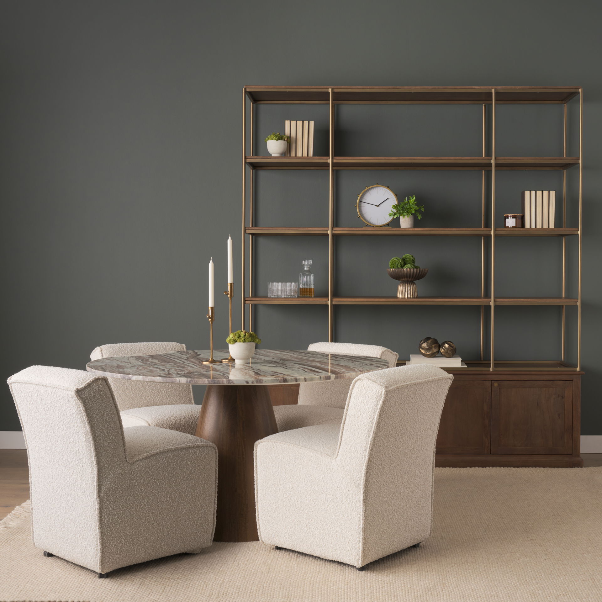 Baron 4-Door Dark Brown Wood with Antique Brass Metal Open Shelving Unit, Shelving & Bookcase by Mercana, 81.75" length x 19" width x 90" height View 3