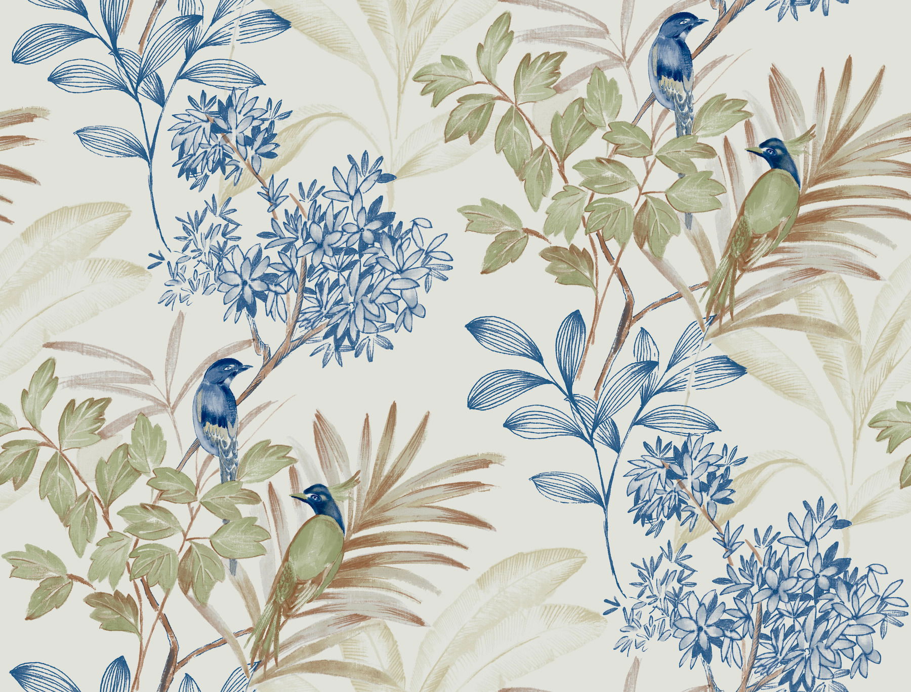Handpainted Songbird Green & Blue Peel & Stick Wallpaper large image 