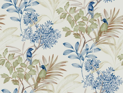 Handpainted Songbird Green & Blue Peel & Stick Wallpaper