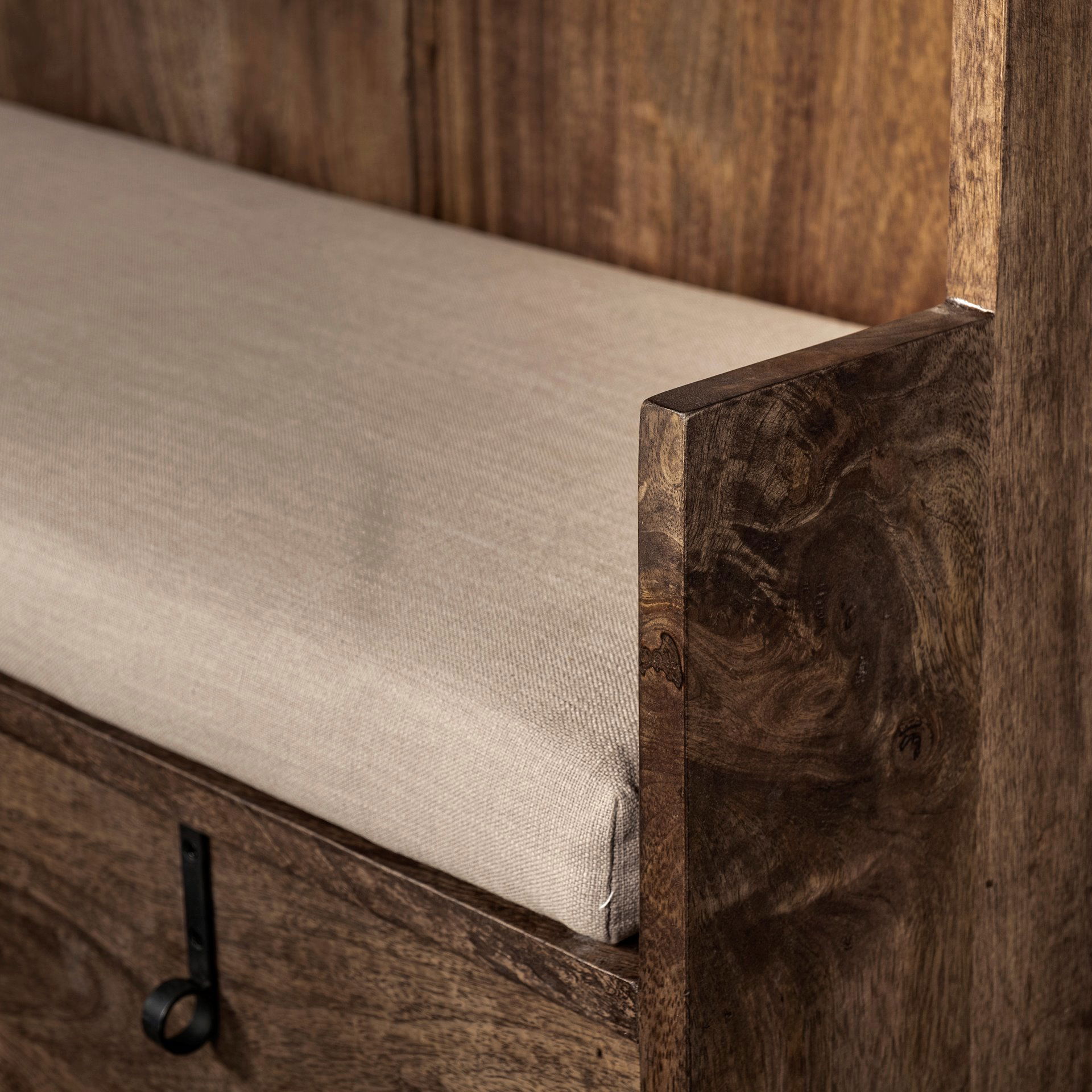 Glenn V 56L x 17W Dark Brown Wood with Cream Fabric Seat, 3 Drawers Hall Tree, Entry & Hallway by Mercana, 55.5" length x 16.5" width x 70" height View 11